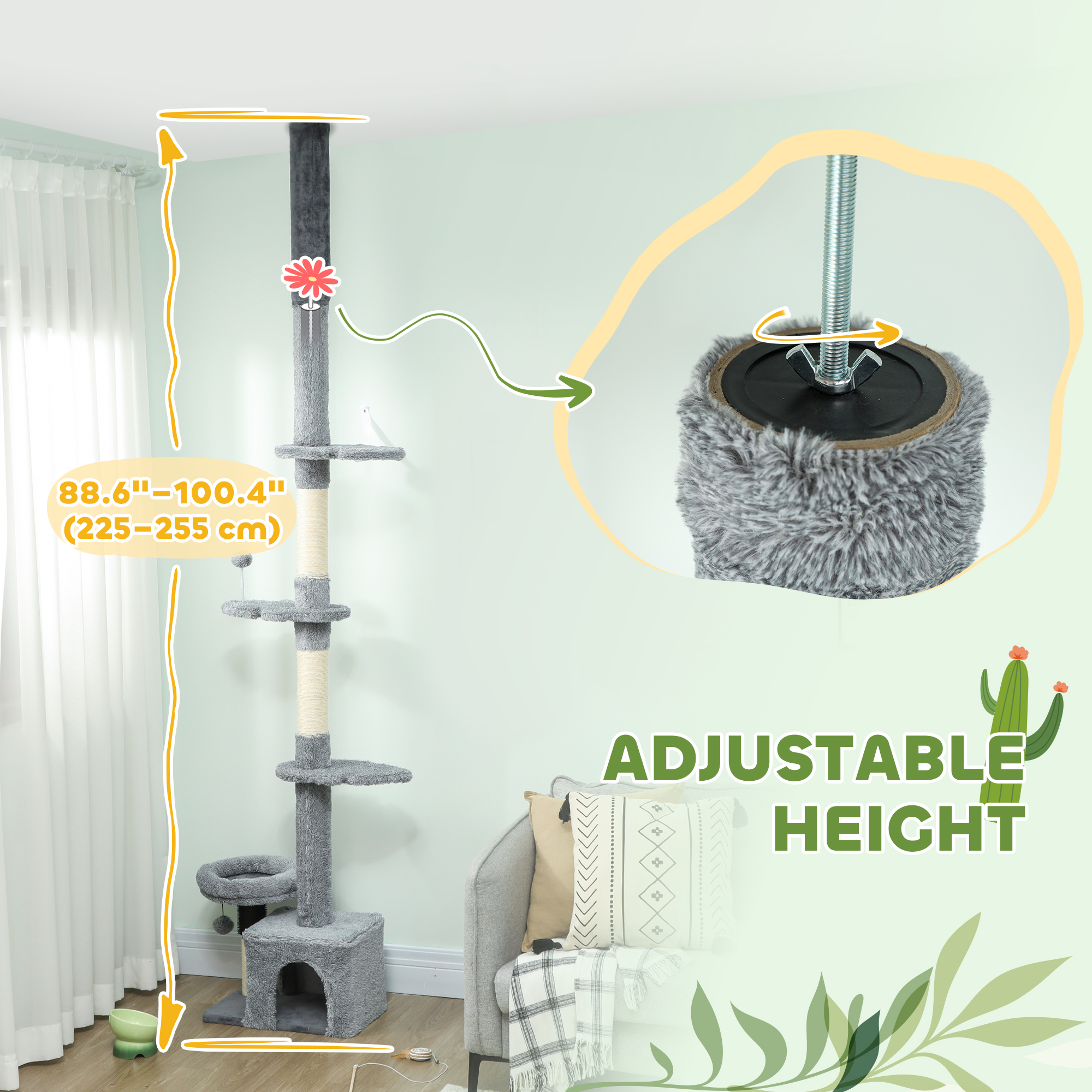 Floor to Ceiling Cat Tree, 4 Tiers Tall Kitty Climbing Tower with Scratching Post, Adjustable Height 87-100"