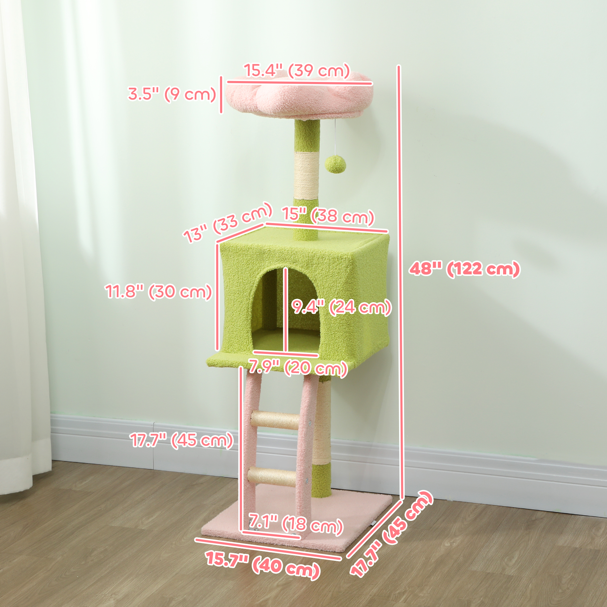 48" Flower Cat Tree with Scratching Post, Cozy Bed, Condo, Climbing Ladder, Perch, Dangling Ball, Green