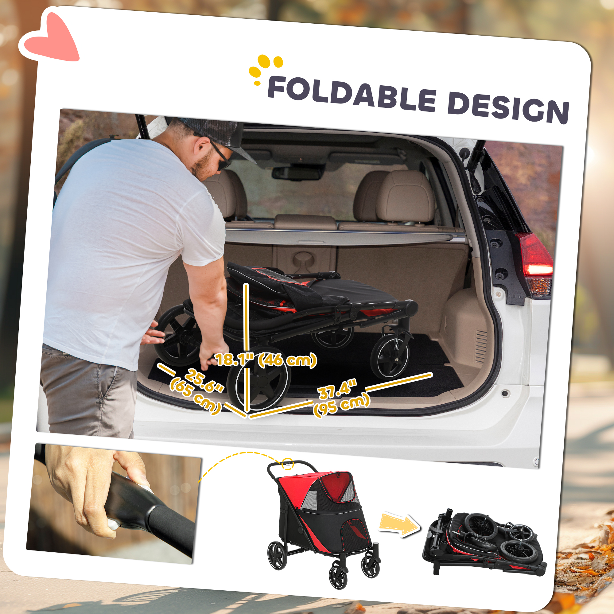 Foldable Pet Stroller with Universal Front Wheels, Shock Absorber, Dog Cat Carriage for Large & Medium Dogs, Red