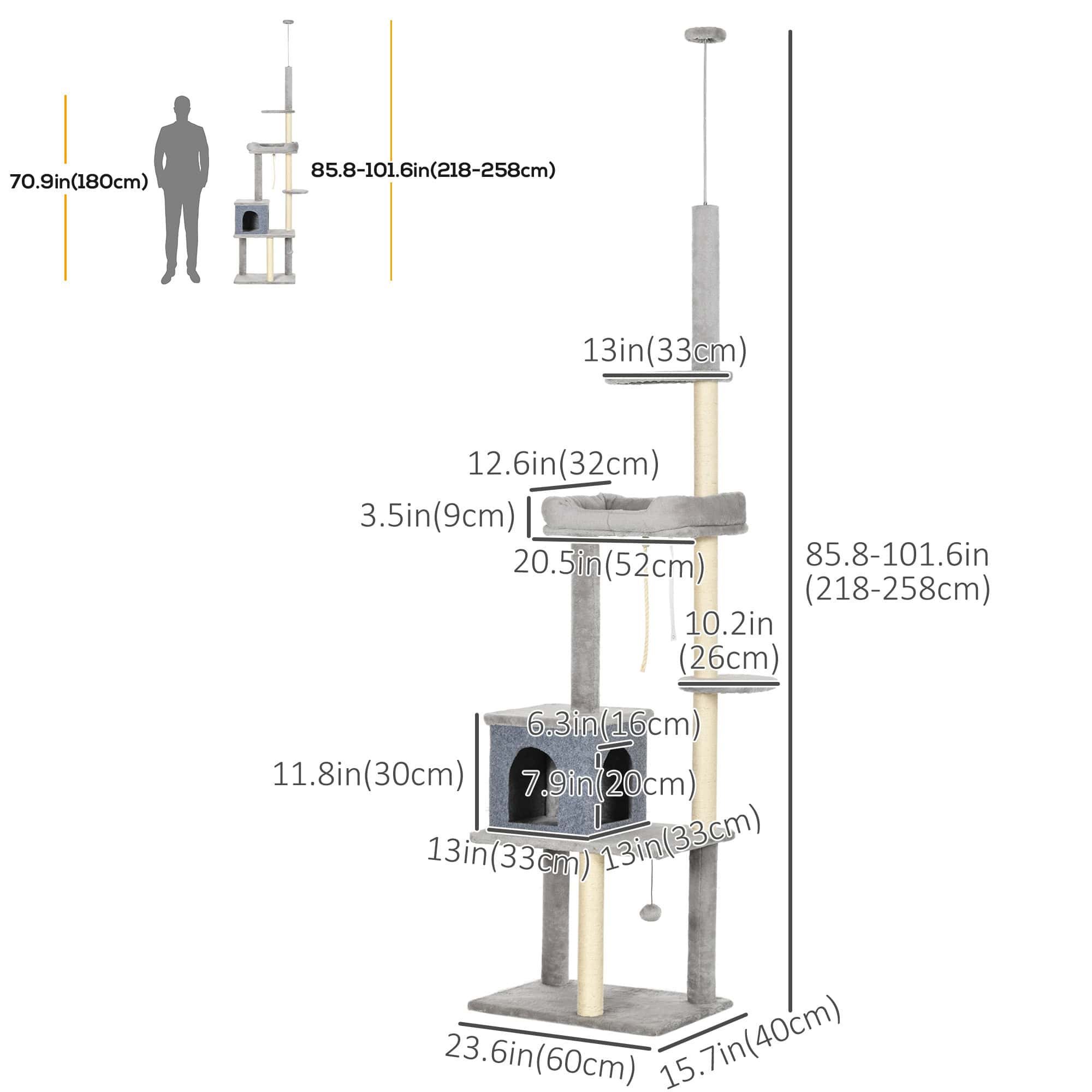 Cat Tree Floor to Ceiling Cat Tower Height Adjustable(85-101 Inches), Tall Large Cat Climbing Activity Center with Scratching Posts Cat Condo Cozy Bed, Grey