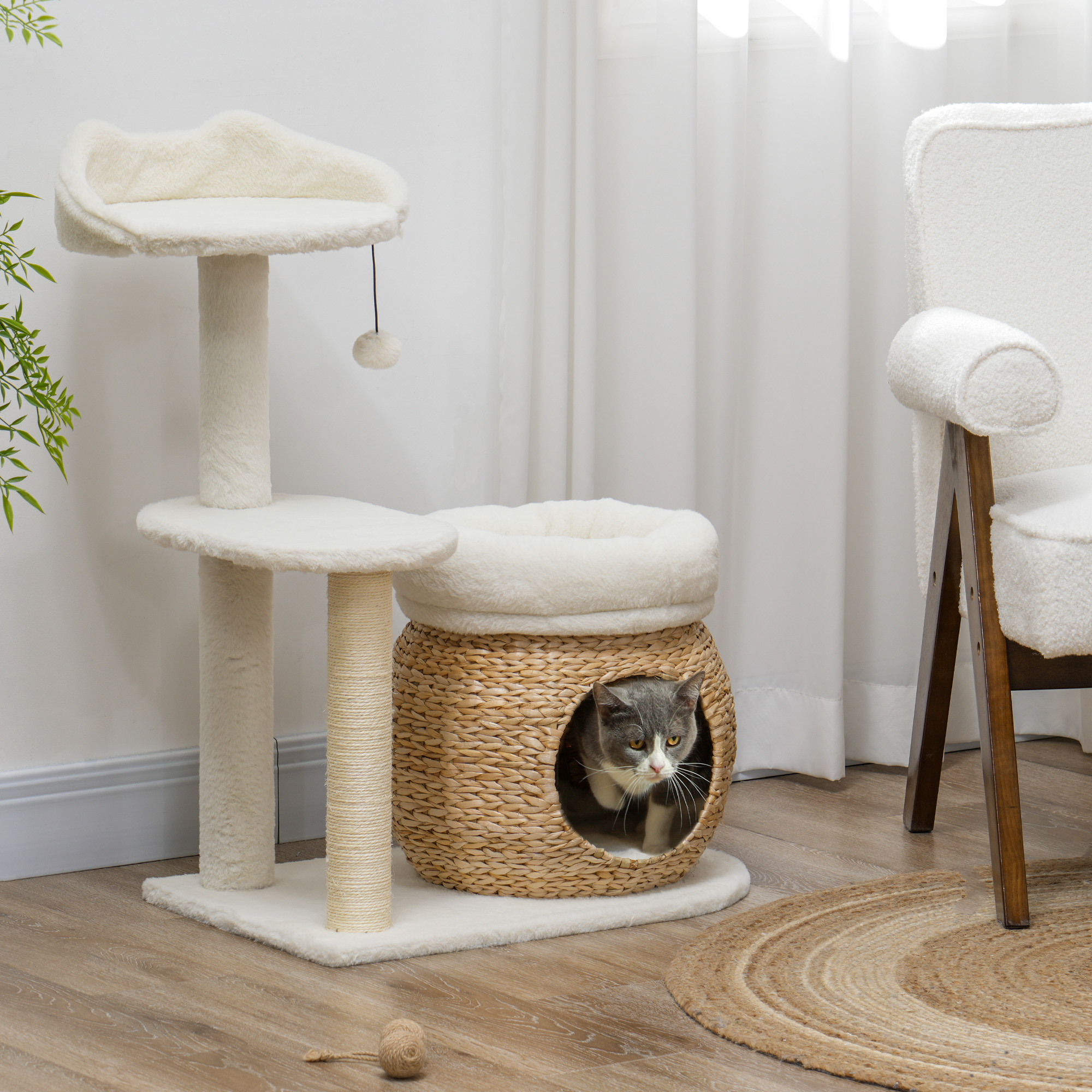 31" Cat Tree Tower with Scratching Posts, Cat Condo, Beds, Platform, Toy Ball, for Indoor Cats, Cream White - Image 8
