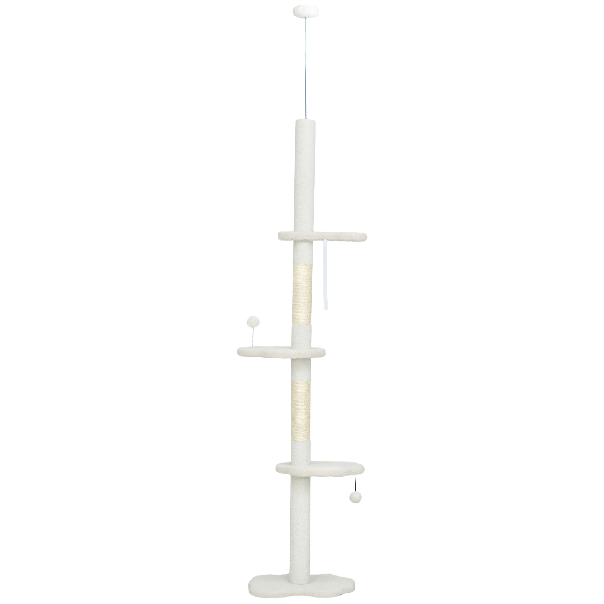 88.5"-100.5" Floor to Ceiling Cat Tree, Cat Tower with Scratching Posts, Cloud Shaped Platforms, Dangling Balls, Cream - Image 2