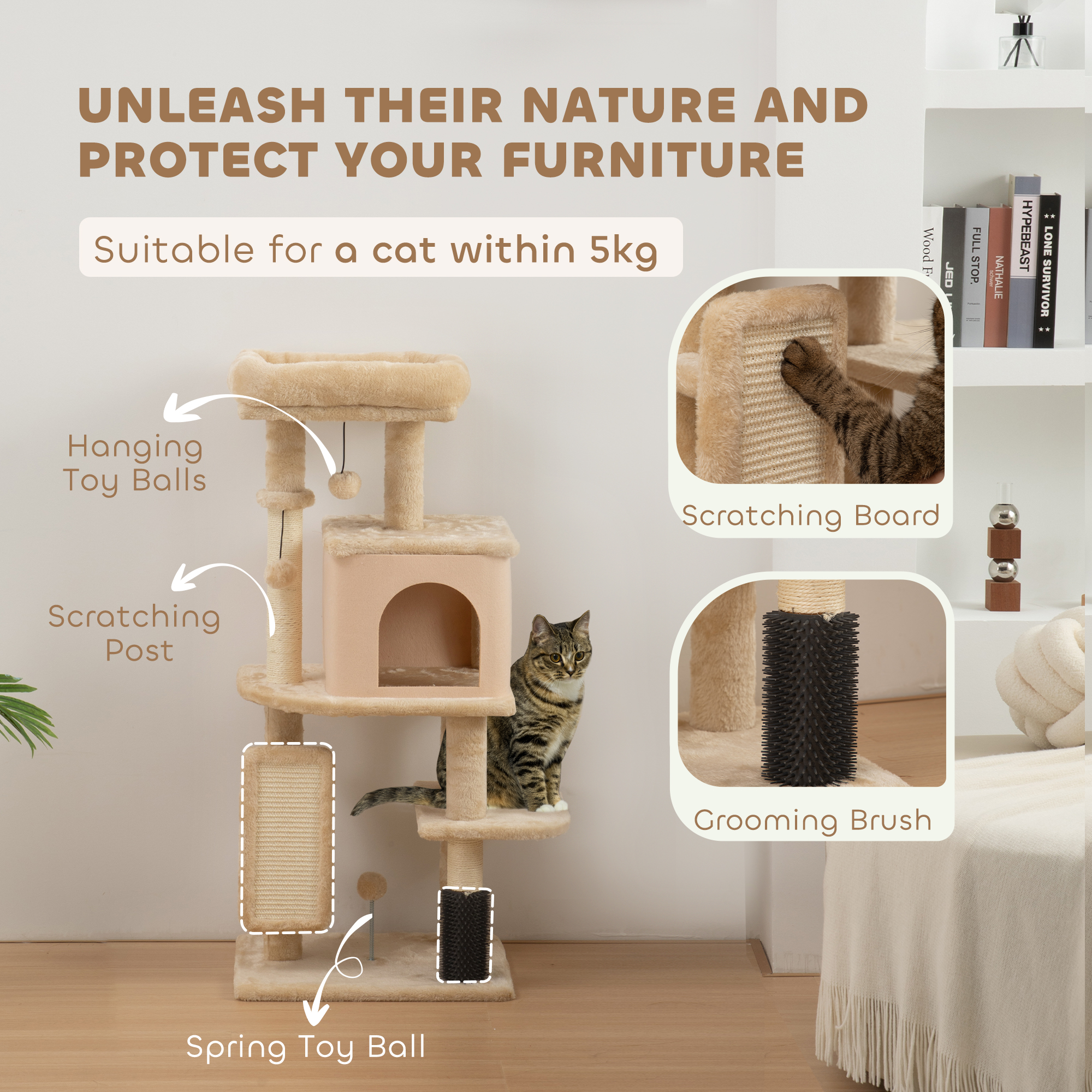 41 Inch Cat Tree with Scratching Posts, Cat Bed, Condo, Grooming Brush, Jumping Platforms, Toy Balls, Anti-tip Kit - Image 5