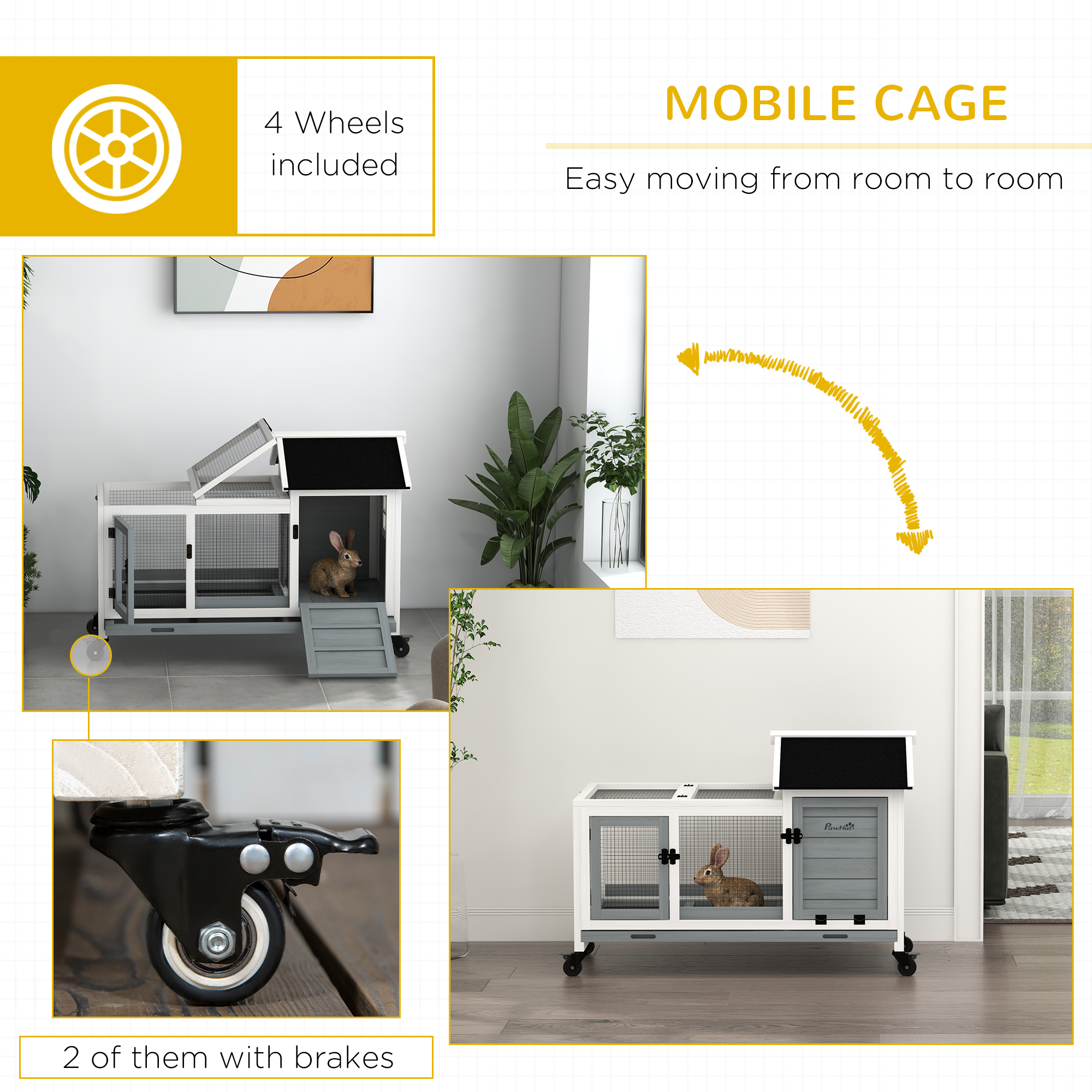Rabbit Cage with Wheels, Ramp, Run, Tray for Indoor Outdoor, Suitable for Rabbit, Guinea Pig, Grey