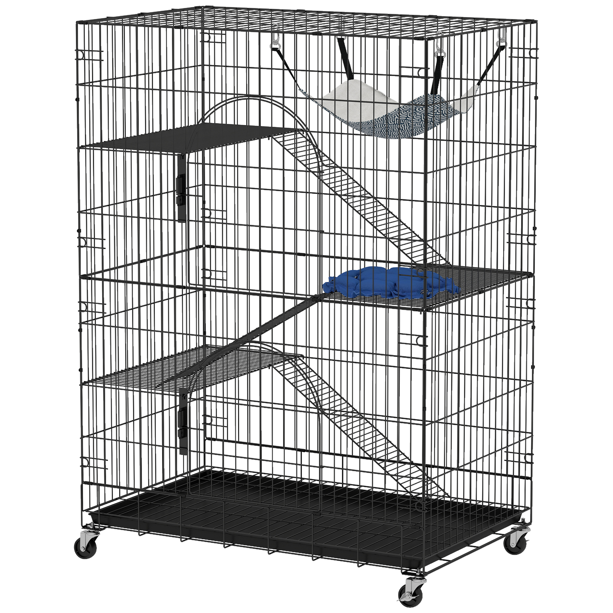 4-Tier Cat Cage, Large Cat Enclosure with Lockable Wheels, Tray, Hammock, Bed, 3 Ramp, 3 Platforms for 3-5 Kittens