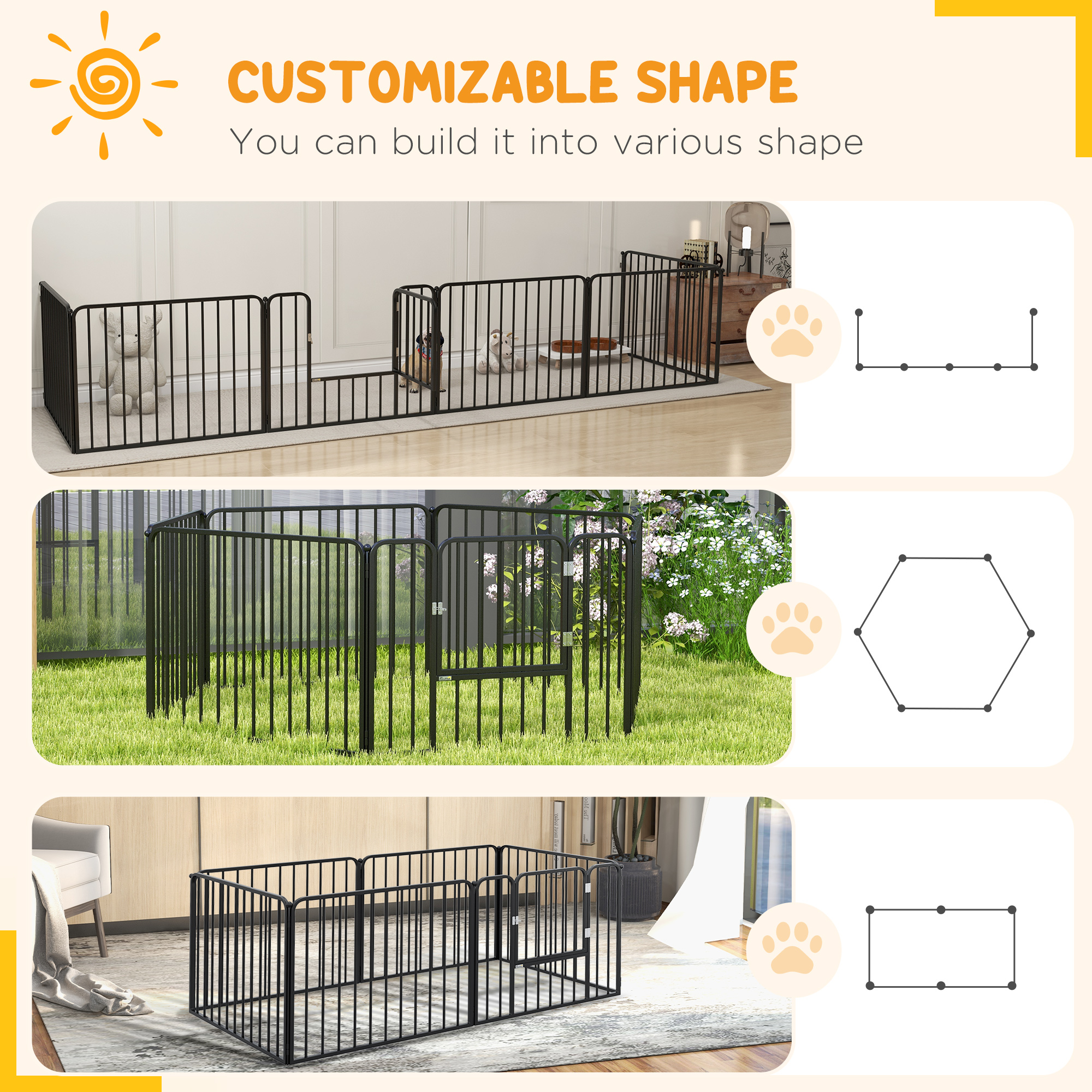 Dog Fence Outdoor 6 Panels 24" Height Indoor Steel Pet Exercise Pen DIY Design for Small Dogs