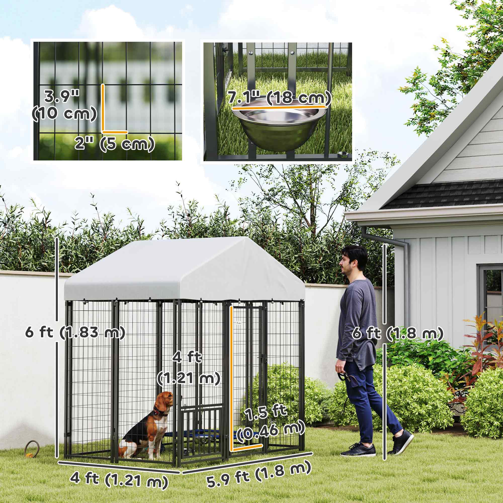 Outdoor Dog Kennel with Waterproof UV-Resistant Cover, Rotating & 4-Level Adjustable Feeding Bowls, 5.9 x 4 x 6 ft