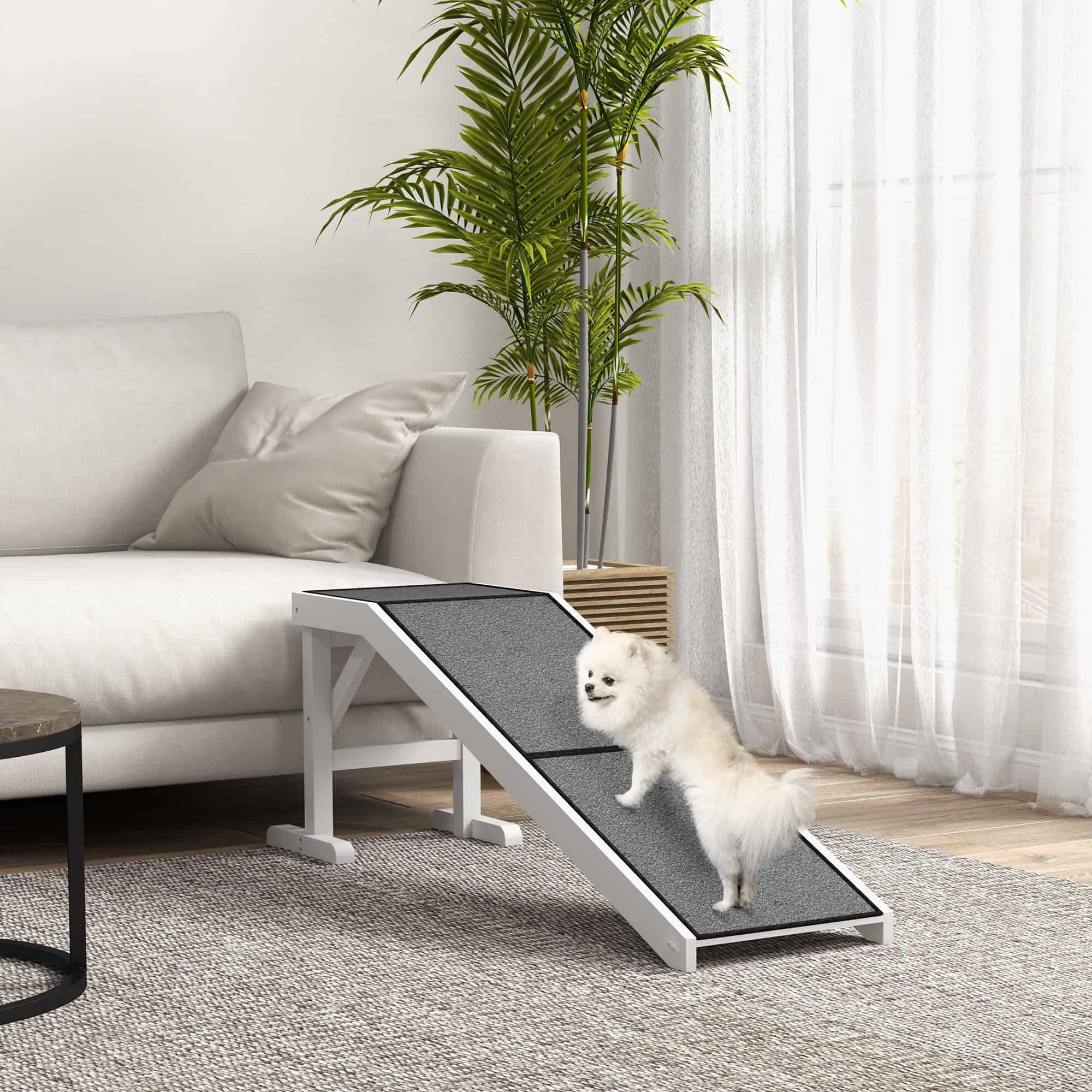 Pet Ramp Bed Steps for Dogs Cats Non-slip Carpet Top Platform Pine Wood 59"L x 16"W x 20"H White