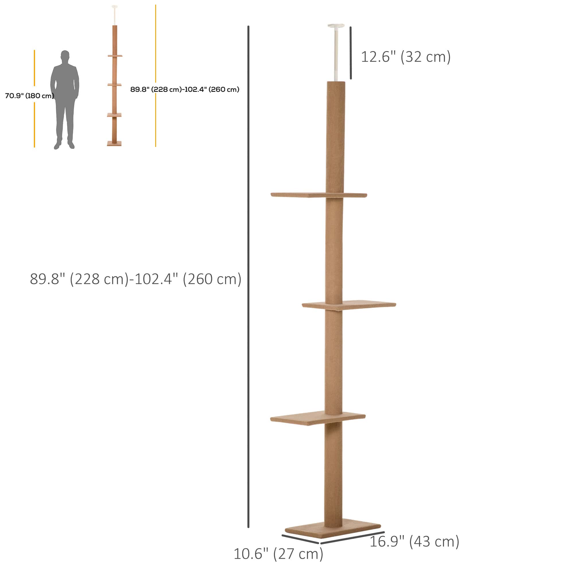 100" Floor To Ceiling Cat Tree w/ 3 Perches Activity Center for Kittens Cat Tower Furniture, Light Brown - Image 3
