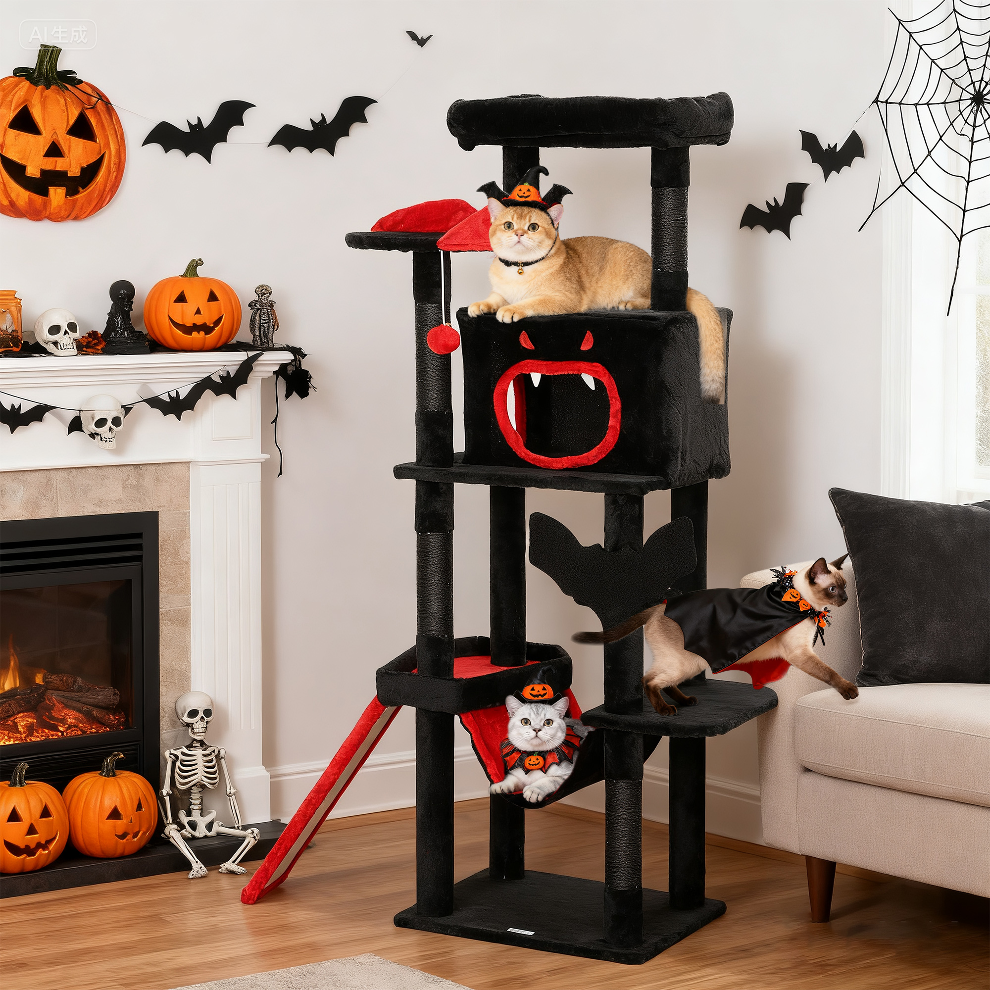 Gothic Cat Tree, 60" Tall Cat Tower with Coffin Bed, Sisal Scratching Posts & Ramp, Condo, Hammock, Perches, Black