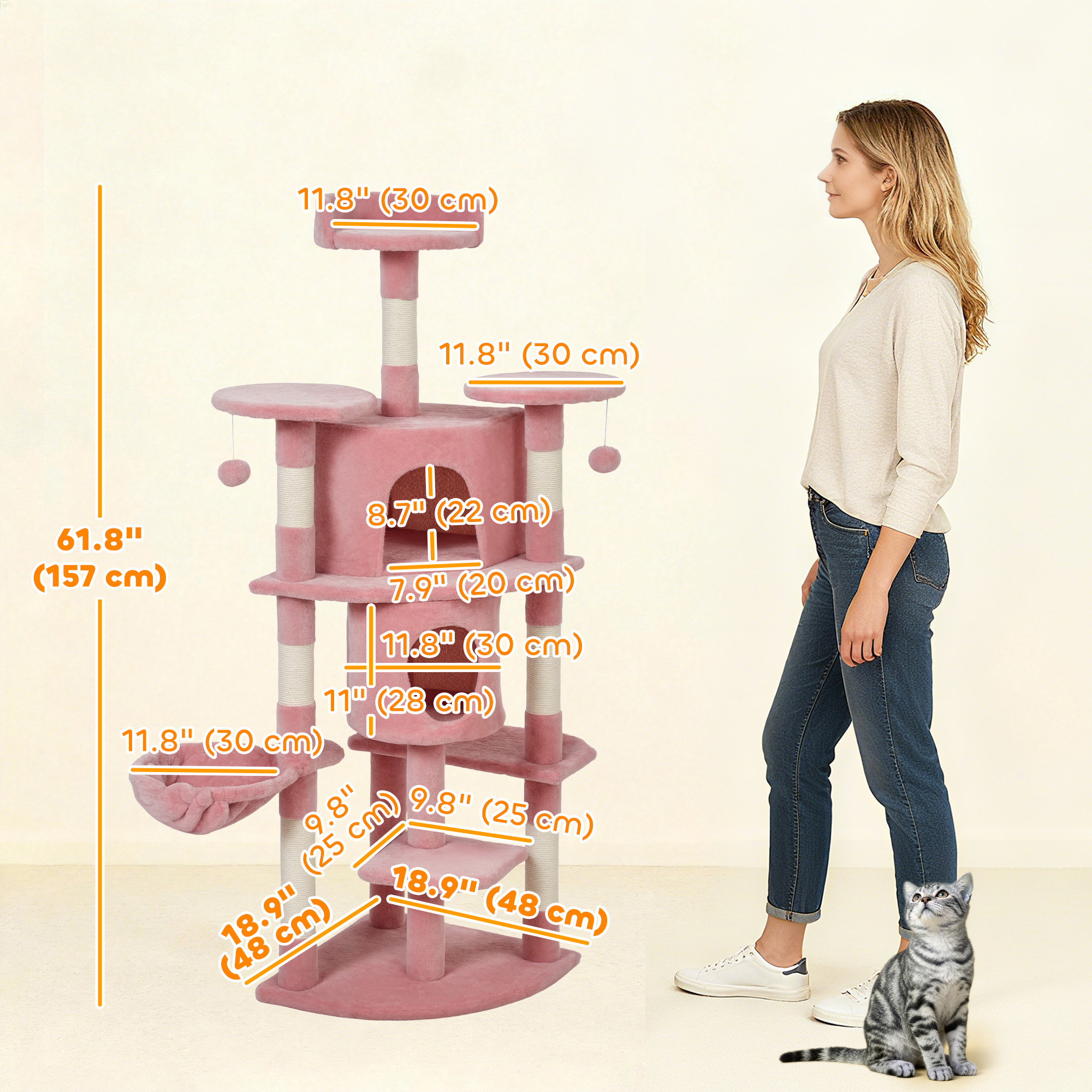 62" Cat Tree with Scratching Post, 2 Condos, Hammock, Perches, Plush, Pompoms, for Indoor Cats, Pink