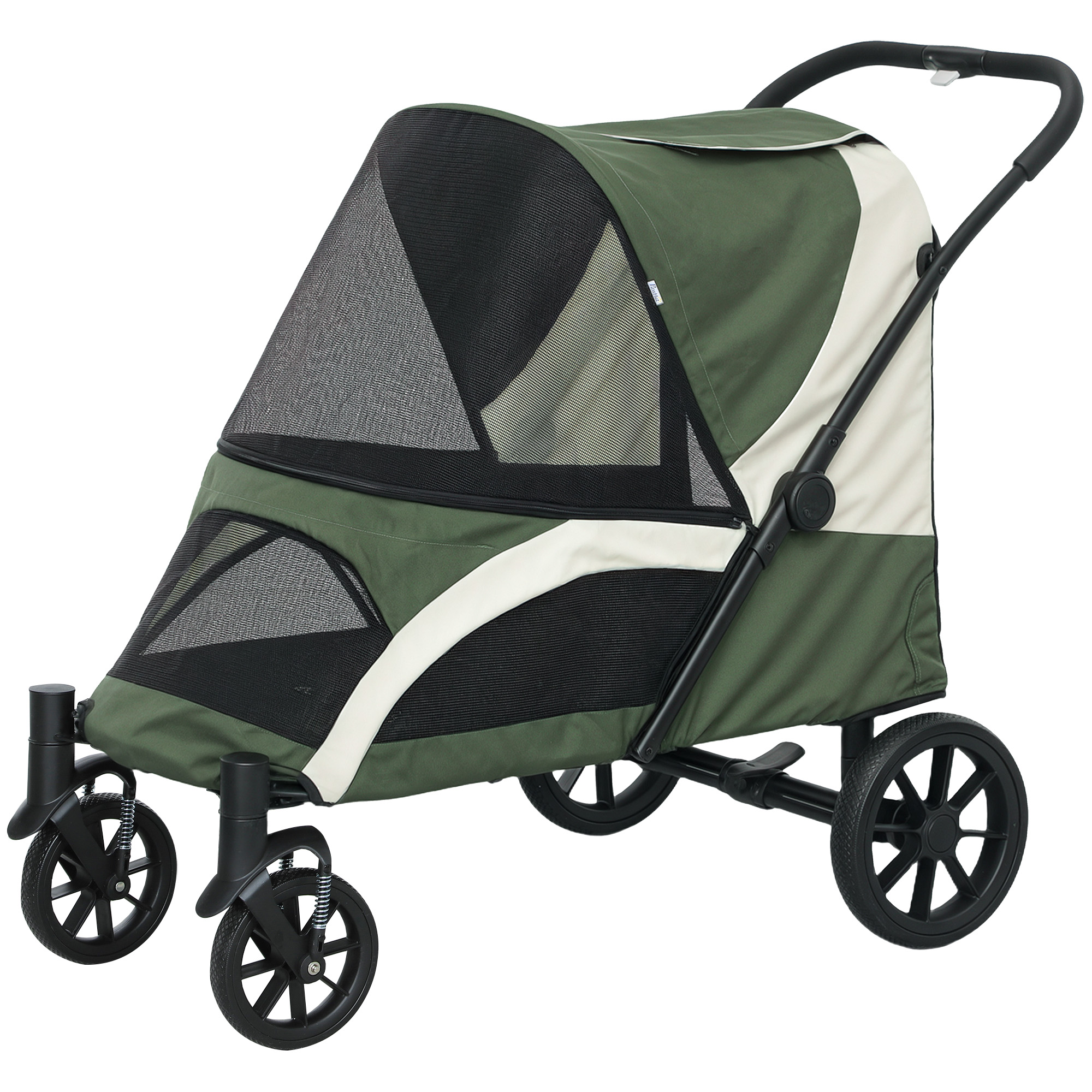 Foldable Pet Stroller for Medium Dogs with Four Big Wheels, Shock-Absorbing Frame, Safety Leashes, Brakes, Dark Green - Image 2