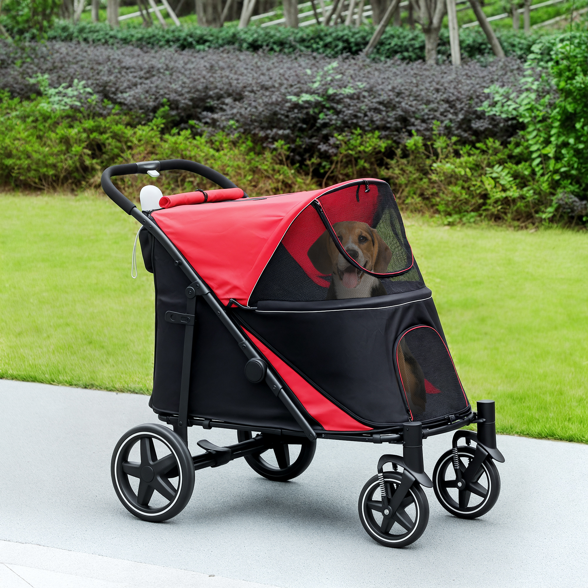 Foldable Pet Stroller with Universal Front Wheels, Shock Absorber, Dog Cat Carriage for Large & Medium Dogs, Red - Image 8