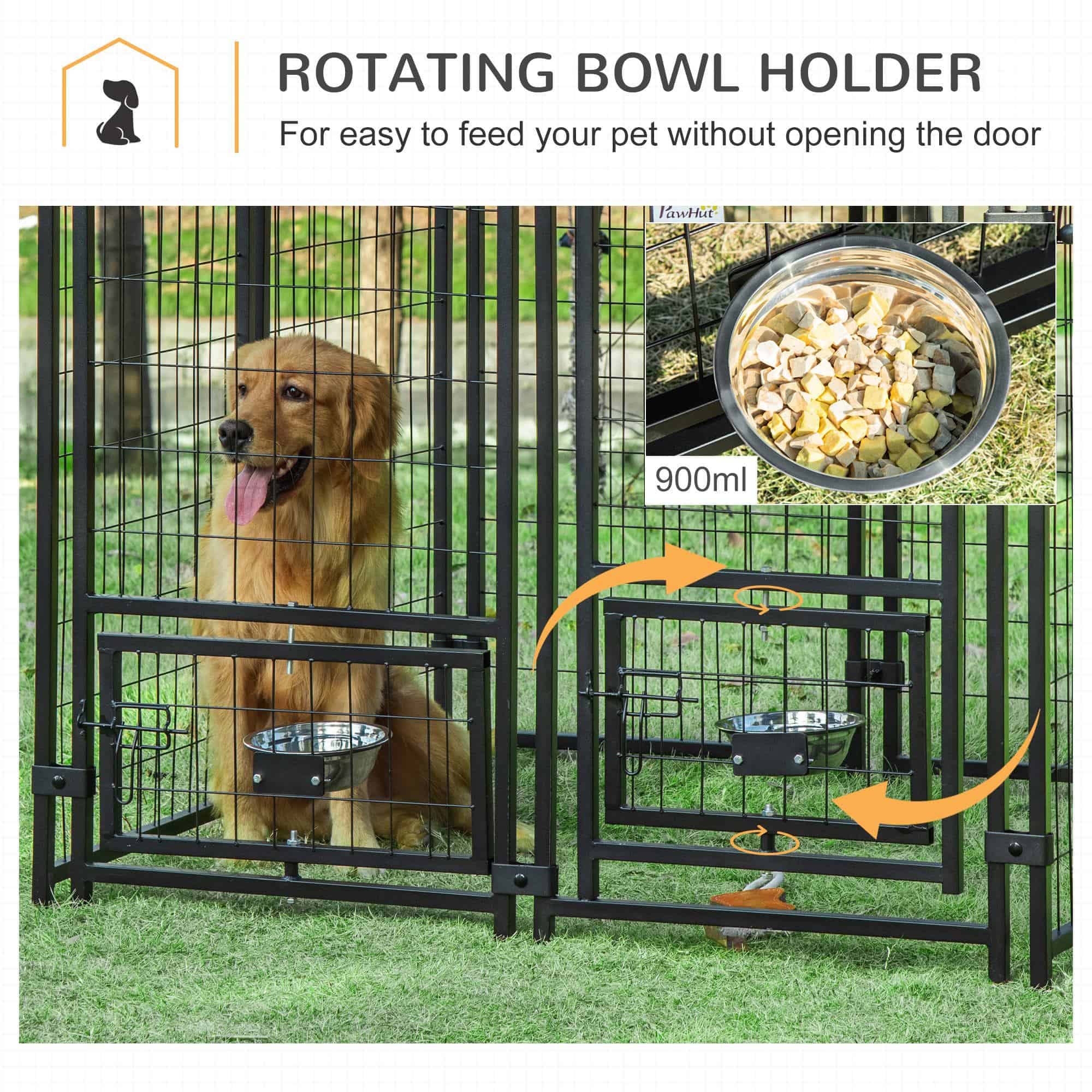 Outdoor Dog Kennel, Lockable Pet Playpen Crate, Welded Wire Steel Fence, Rotating Bowl Holders, Red