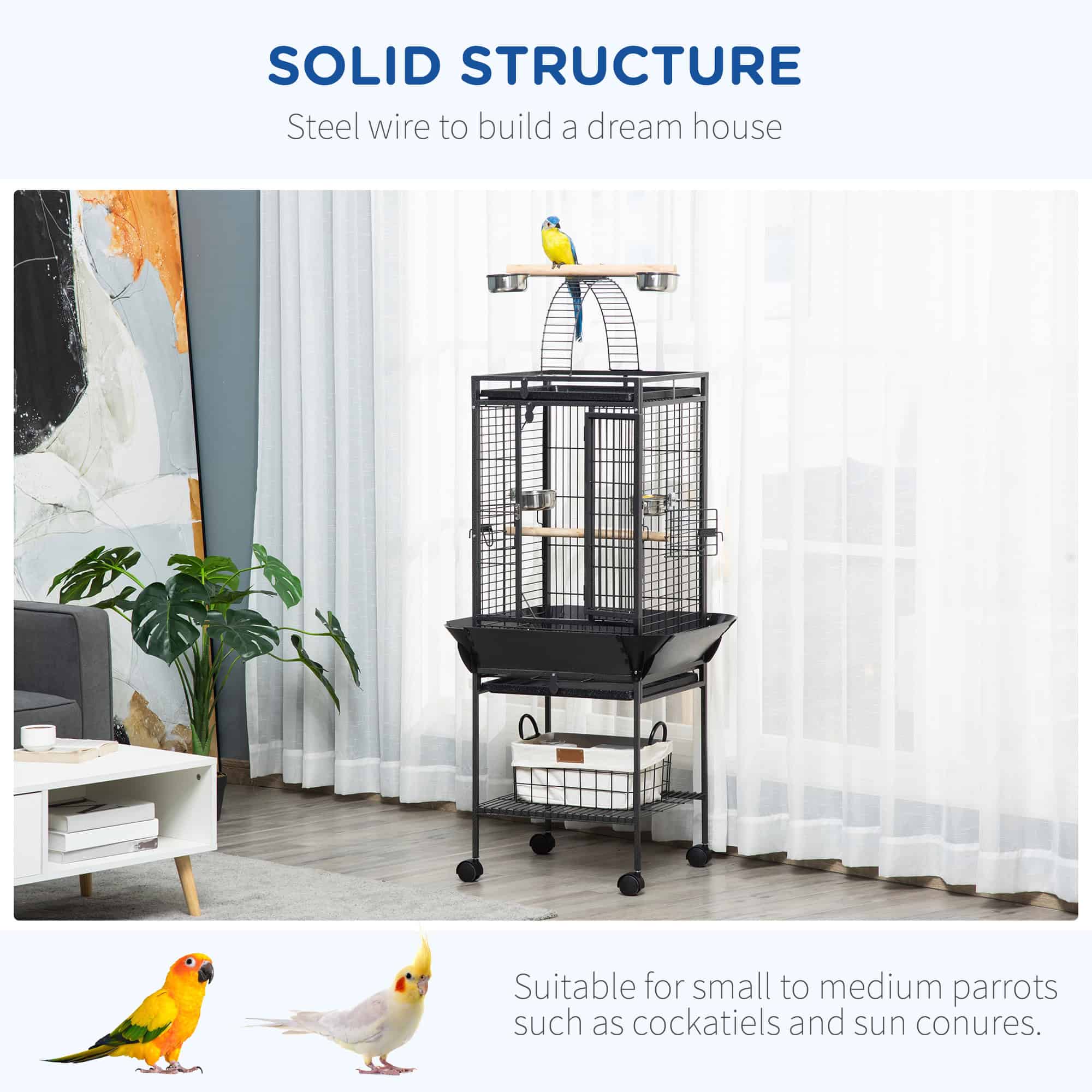 61.5 Inch Bird Cage Parakeet House for Cockatiel with Stand, Pull Out Tray, Play Top, Storage Shelf, Wood Perch, Food Container