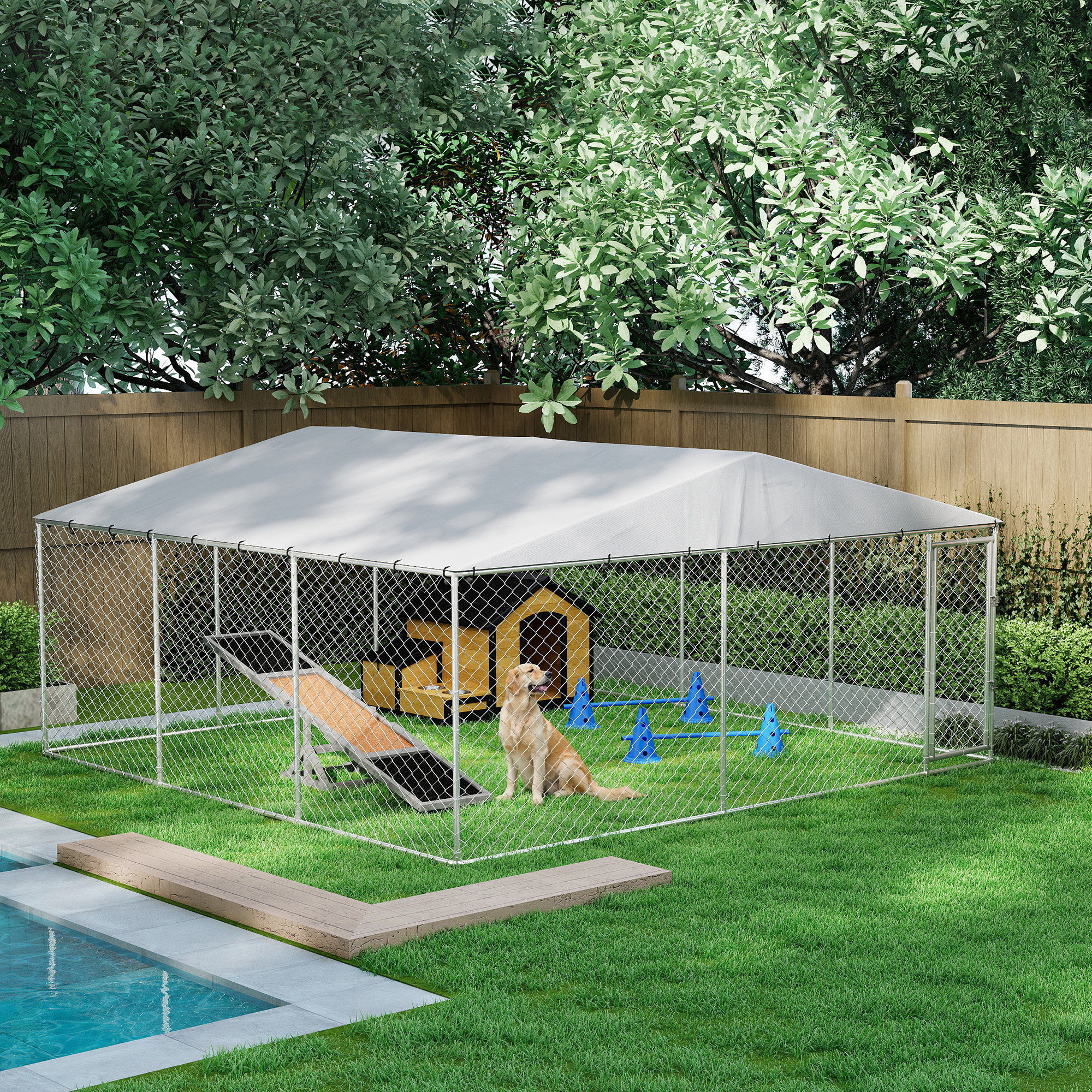 14.8' x 14.8' x 7.1' Dog Kennel Outdoor for Small Medium Large Dogs with Waterproof Cover, Silver