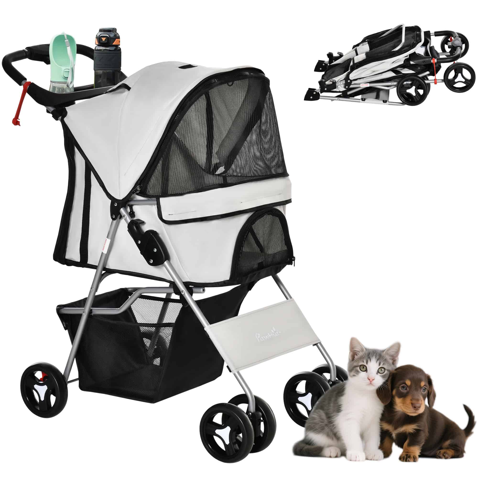 Cat Dog Stroller, One-click Foldable Pet Stroller w/Cup Holder, 4 Wheels Travel Carrier w/Brakes, 360° Swiveling Front Wheels, Storage Basket, for XS/Small Dogs Cats, Grey