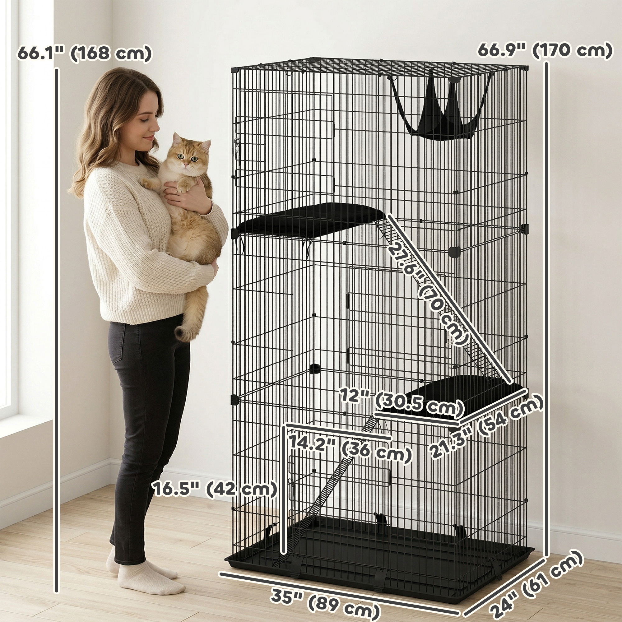 3-Tier Cat Cage Indoor, Detachable Metal Wire Kennel withwith Hammock, Platform, Tray and Cushion for 1-2 Kittens