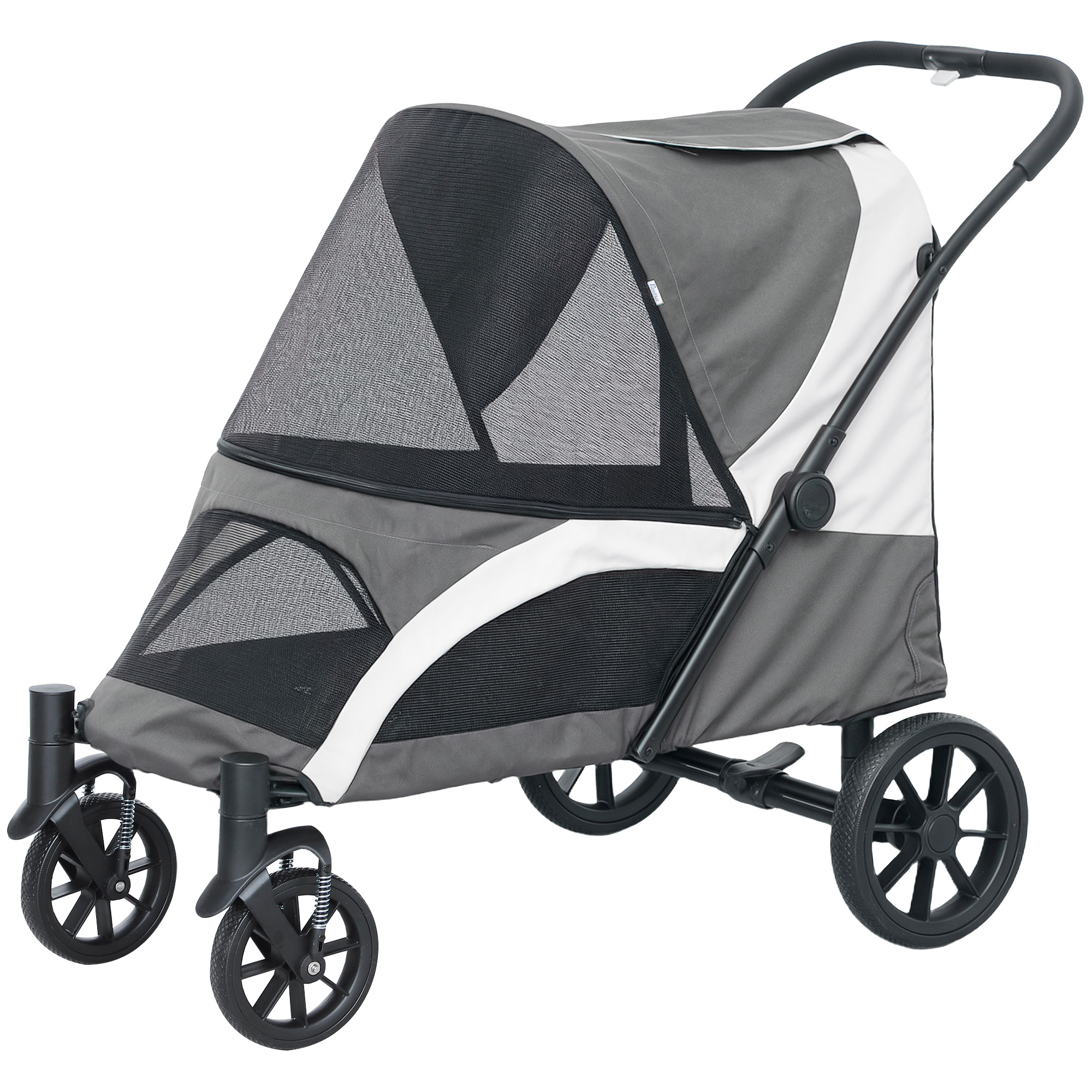 Foldable Pet Stroller for Medium Dogs with Four Big Wheels, Shock-Absorbing Frame, Safety Leashes, Brakes, Dark Grey