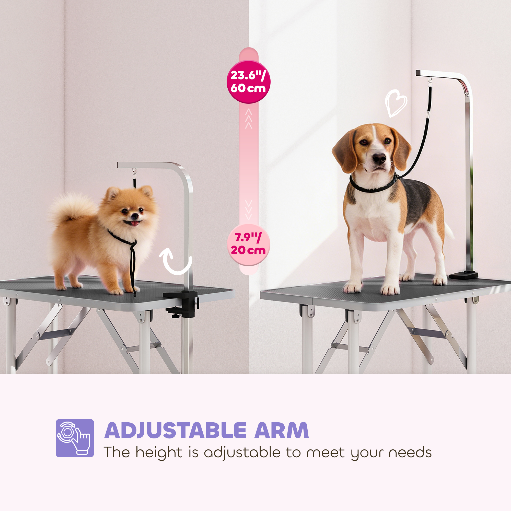 Foldable Pet Grooming Table for Dogs Cats with Adjustable Arm, Non-slip Surface, Black