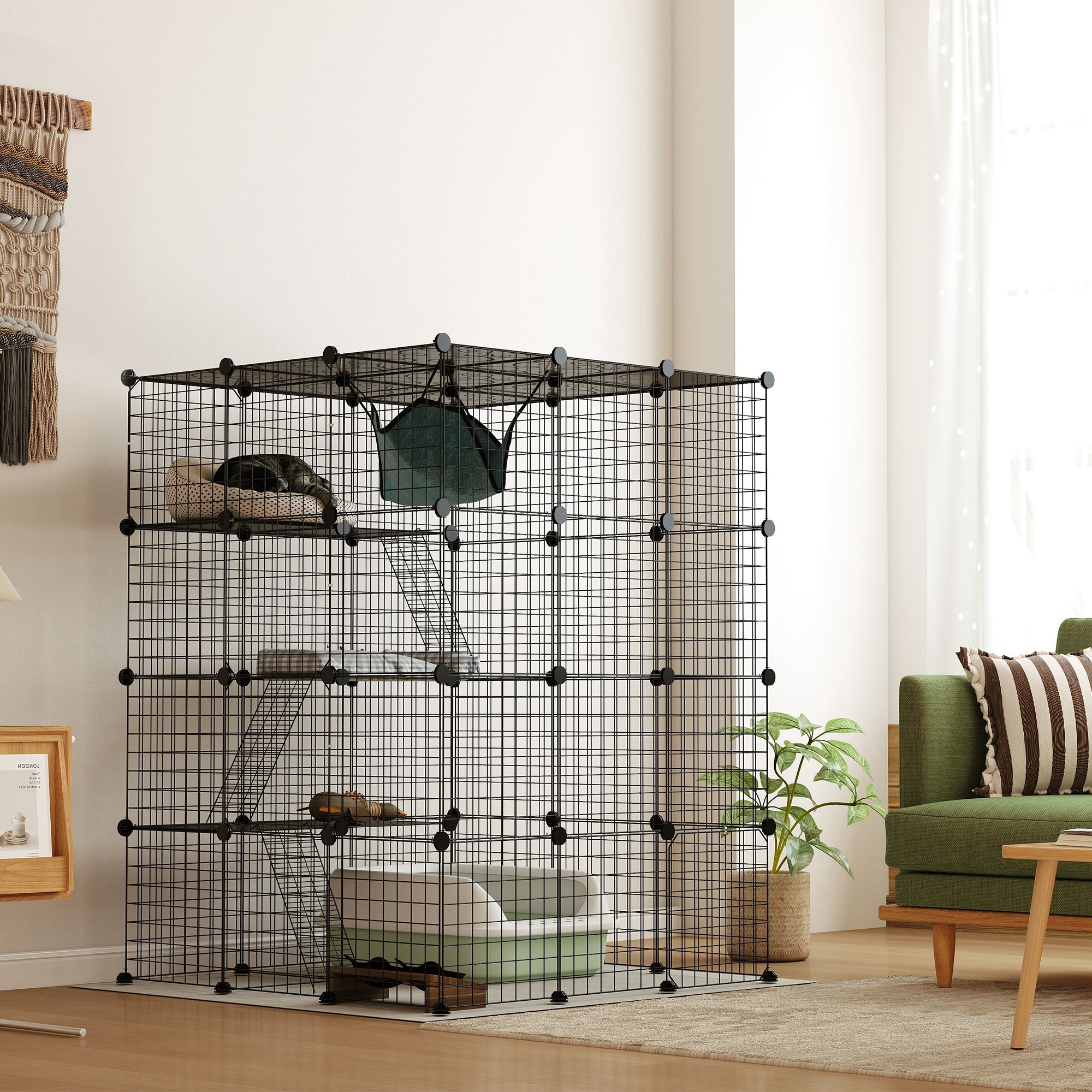 4 Tier DIY Cat Cage Indoor, Catio for 1-3 Cats with Hammock, 5 Doors, 3 Ramps, 3 Jumping Platforms, for 1-3 Cats, Black