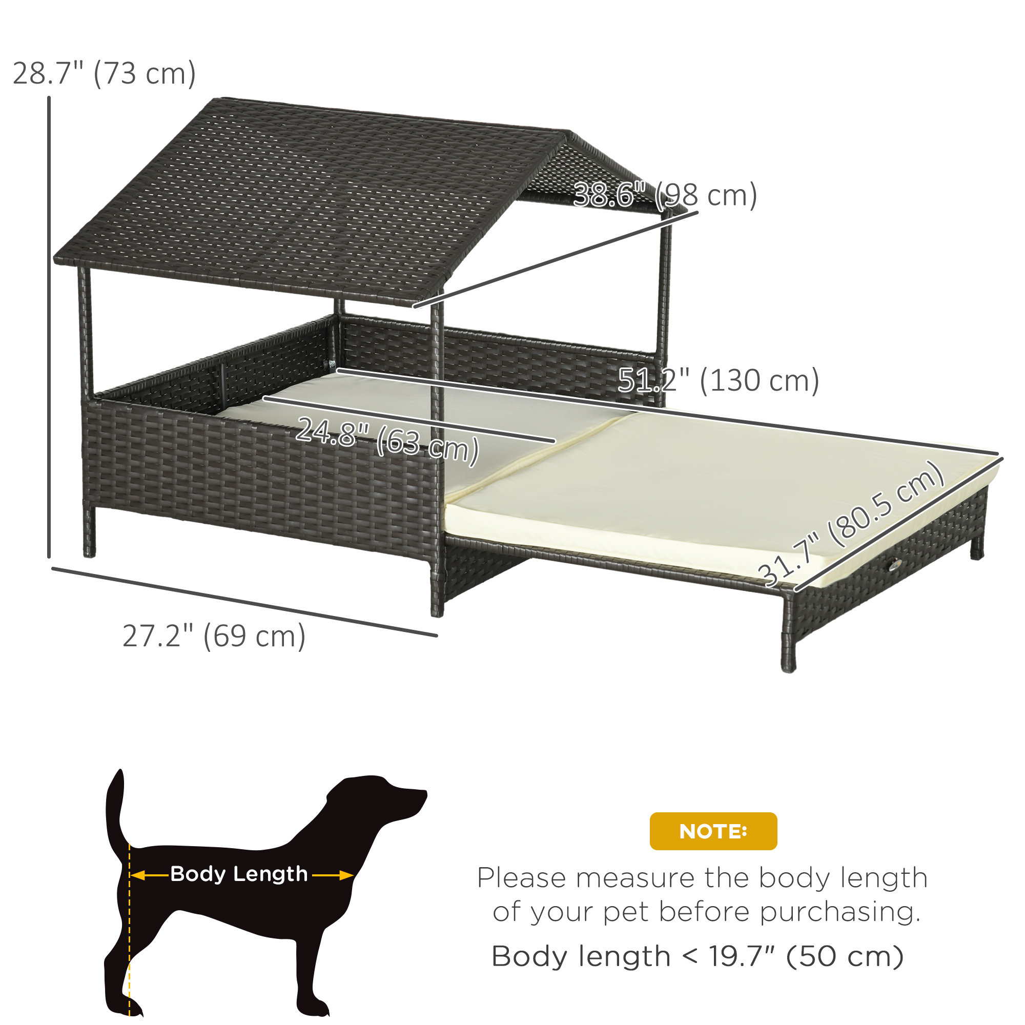 Rattan Dog House with Canopy, Wicker Dog Bed with Water-Resistant Cushion, for Small and Medium Breeds Cream White