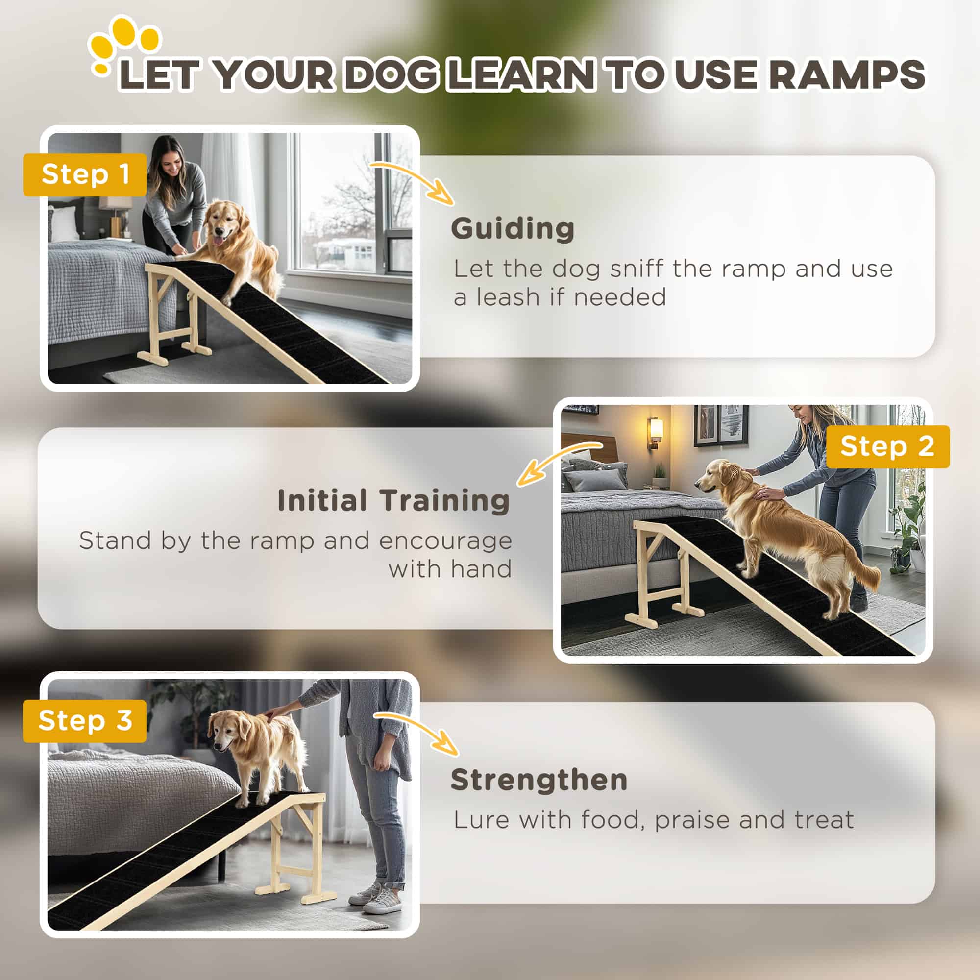 Pet Ramp Bed Steps for Dogs Cats Non-slip Carpet 74"L x 16"W x 25"H Natural