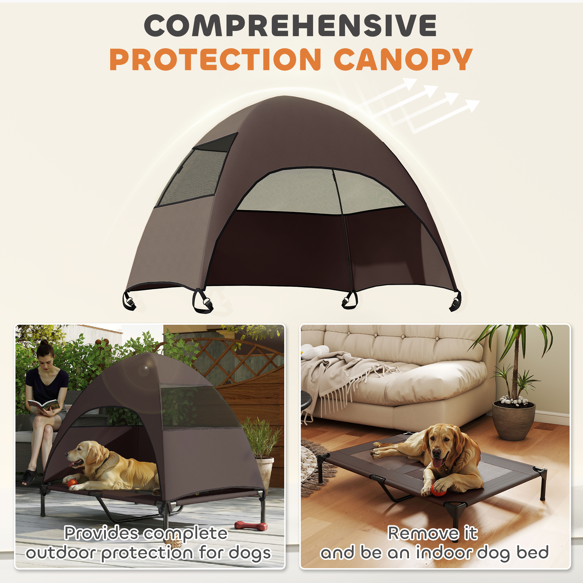 Elevated Dog Bed with Canopy Raised Dog Bed Washable Mesh Steel Frame 41.7" x 29.9" x 39" Coffee