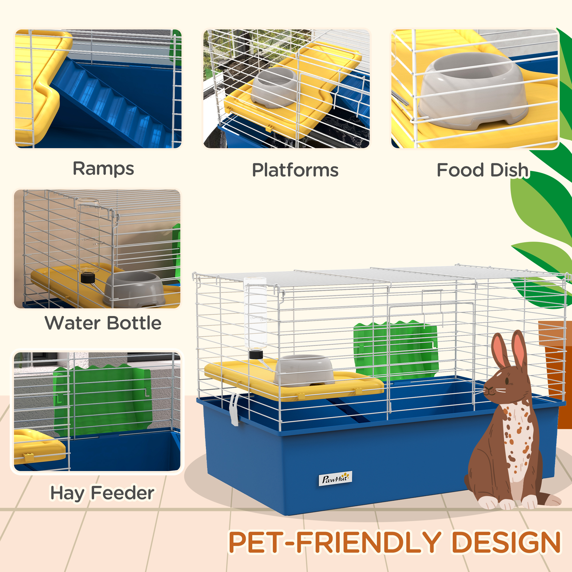 18.5" Small Animal Cage with Water Bottle, Food Dish, Platform, Ramp, Blue - Image 5