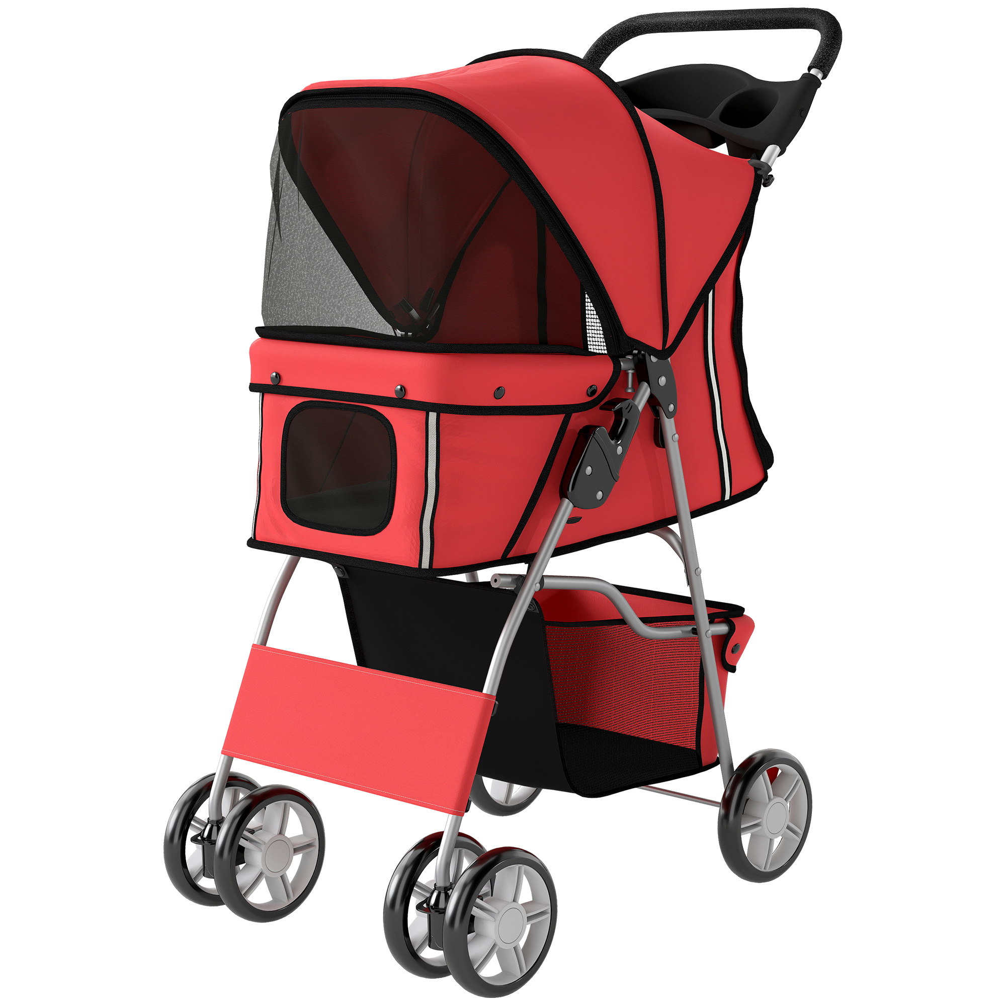Pet Stroller with Reflective Strips, Foldable Cat Stroller with 360° Swivel Wheels for Small Dogs and Cats, Red