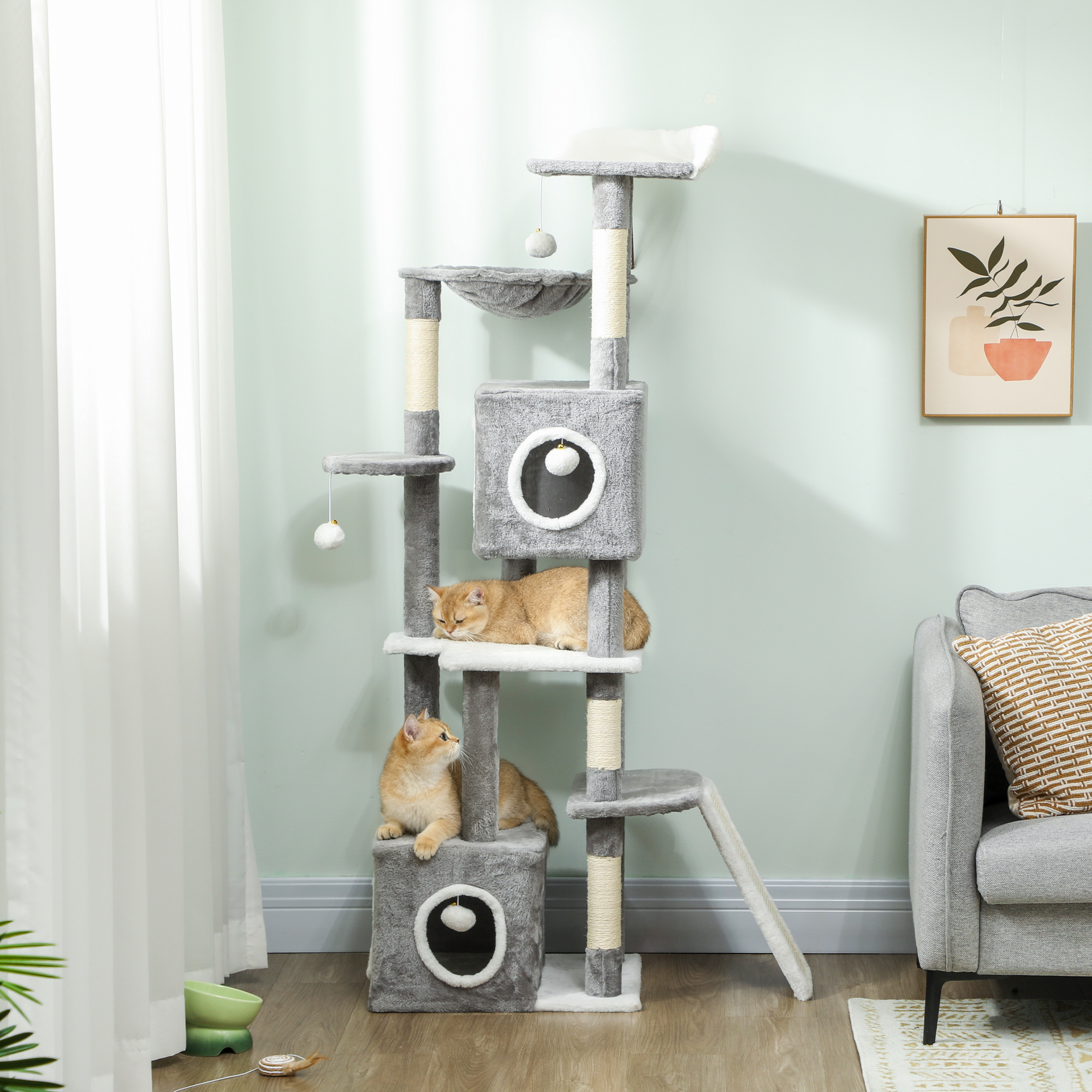 65 Inch Cat Tree with 2 Doors Condos, Plush Top Perch, Hammock, Sisal Scratching Posts, 4 Pompoms, Ramp, Grey - Image 8