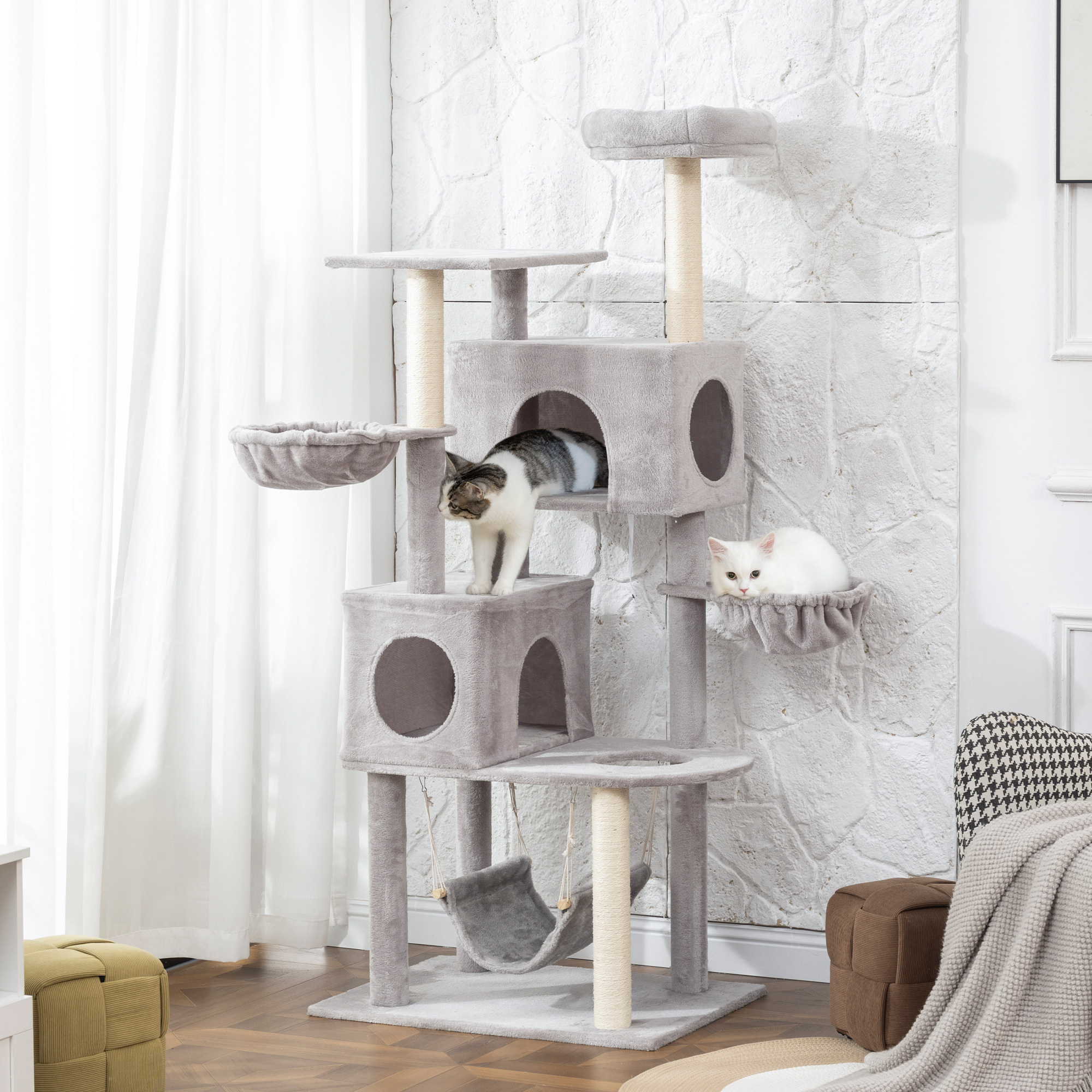 66 Inch Large Cat Tree with 2 Door Condos, 3 Big Hammocks, Plush Top Perch, Sisal Scratching Posts, Light Grey