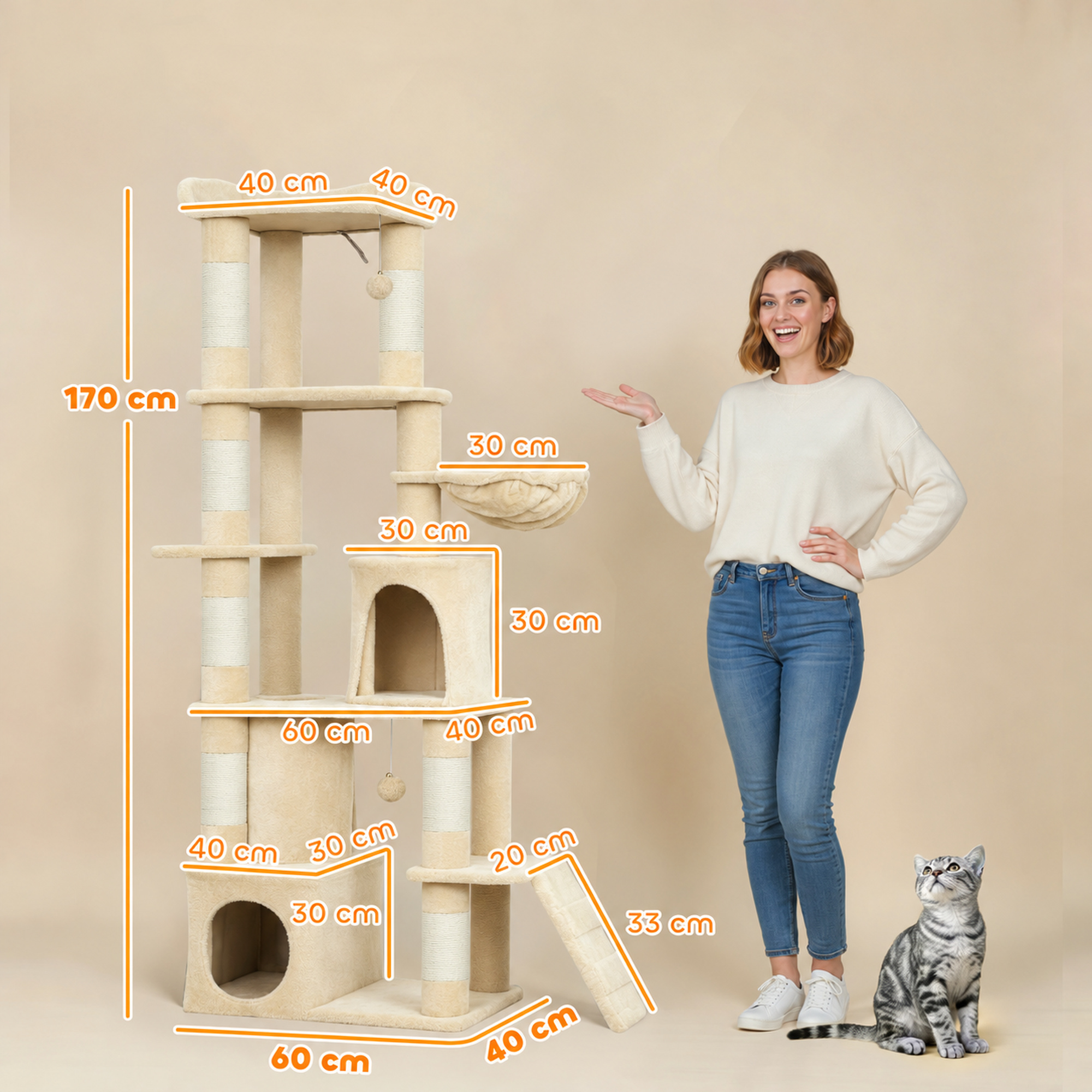 67" Large Cat Tree with 7 Scratching Posts, Tunnel, 2 Condos, Hammock, Perch, Ramp, Pompoms, Beige