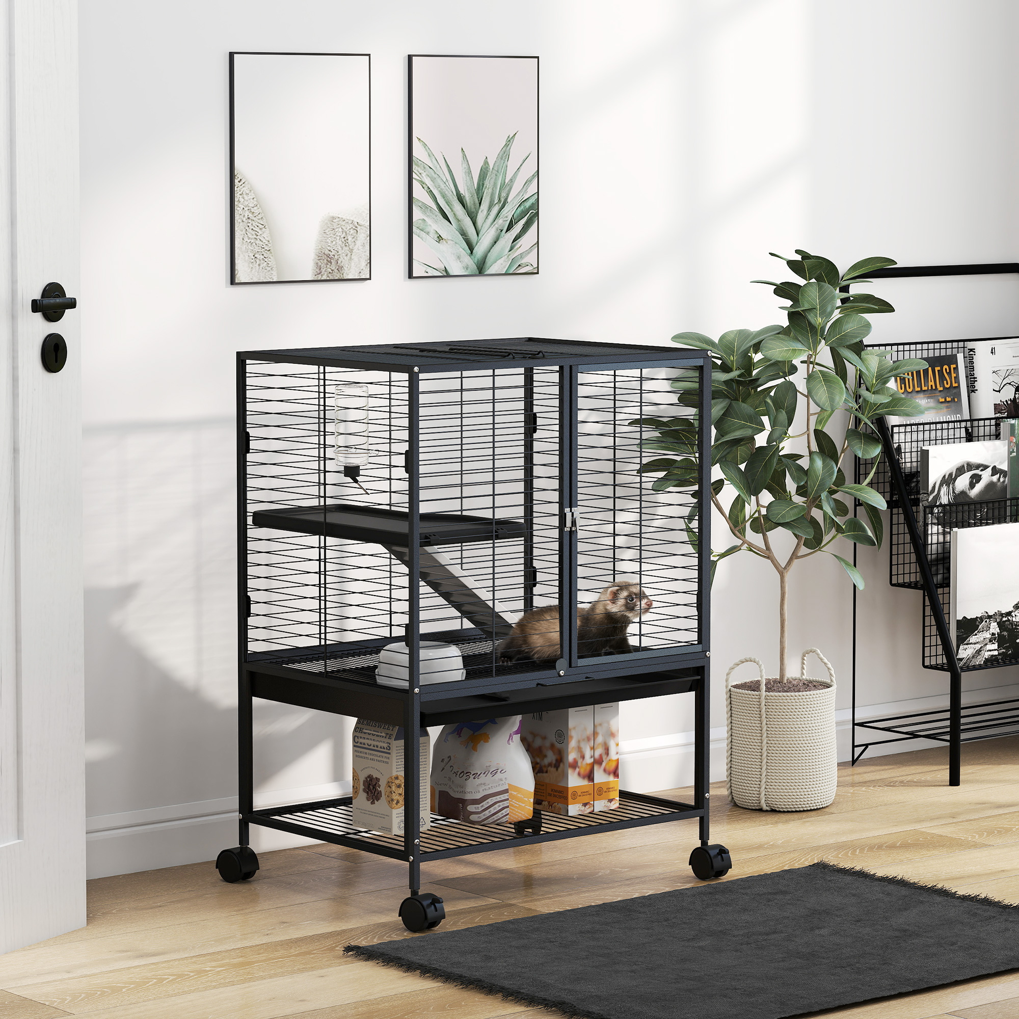 Rolling Small Animal Cage 34"H Chinchilla Cage for Ferrets, Squirrels w/ Removable Tray, Storage Shelf, Black