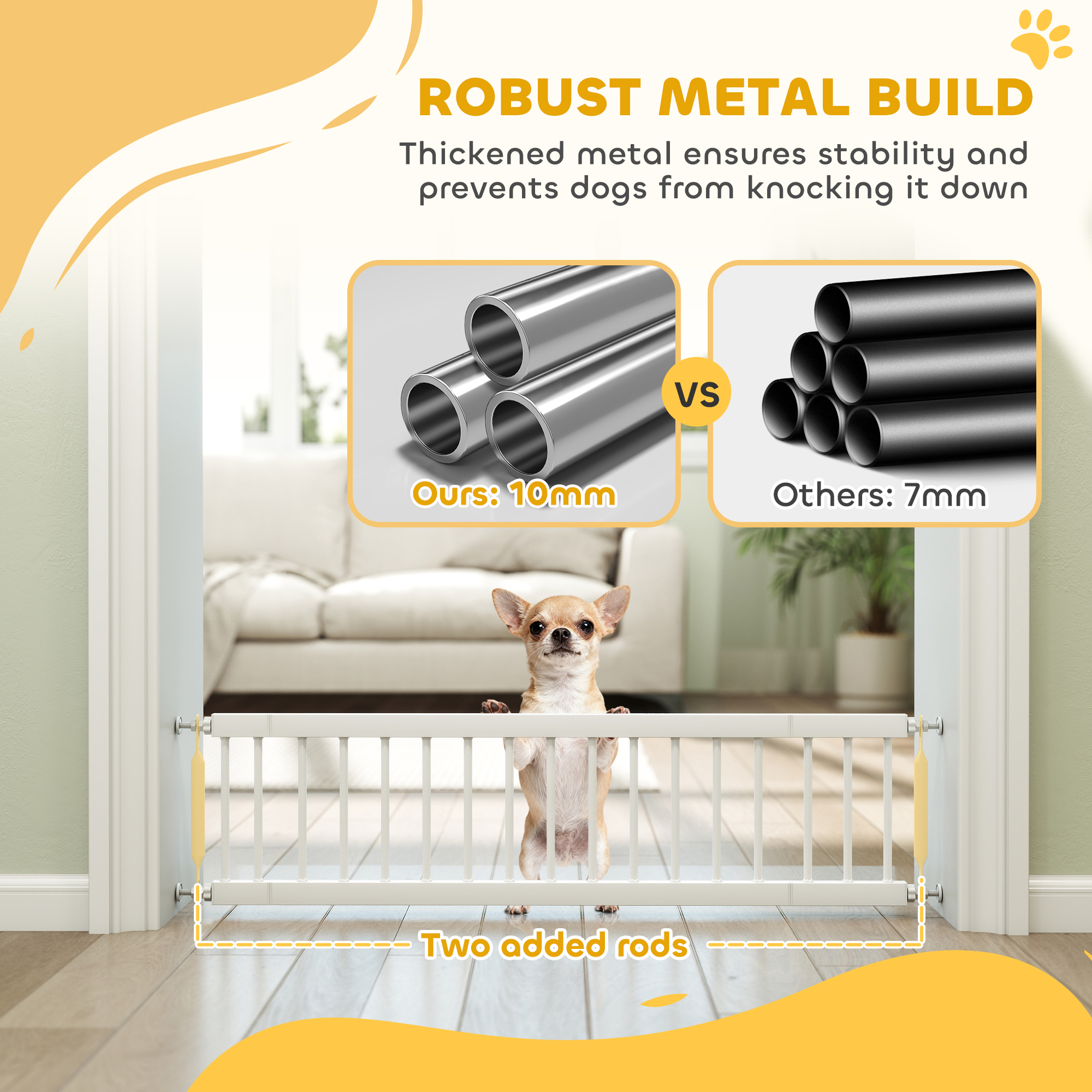 26"-37" Dog Gate, Adjustable Pet Gate, Fits 10" Tall with 2 Extension, Pressure Mount Kit for Stairs and Doorways, White