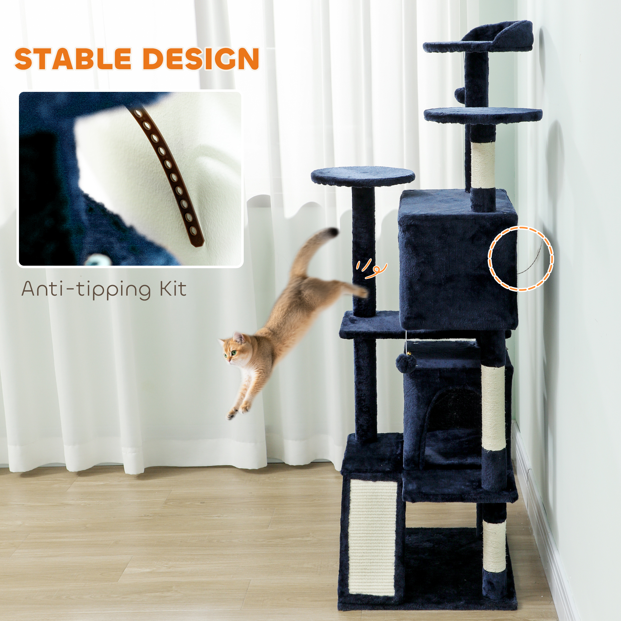 63" Cat Tree, Multi-Level Cat Tower with Scratching Posts, Cat Condos, Bed, Platforms, Ramp, Toy Ball, Dark Blue