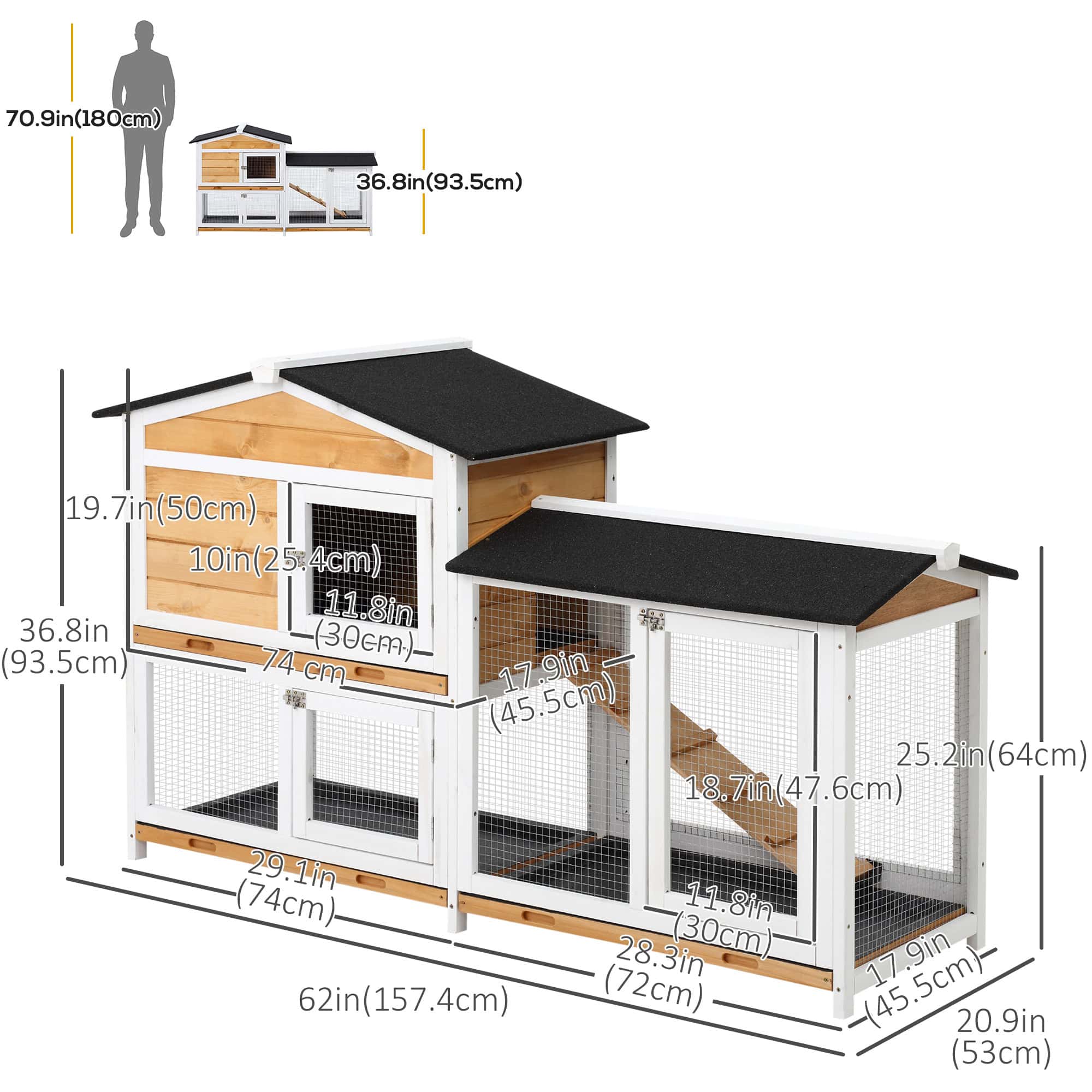 2-tier Wood Rabbit Hutch Backyard Bunny Cage Small Animal House w/ Ramp and Outdoor Run, Yellow - Image 3