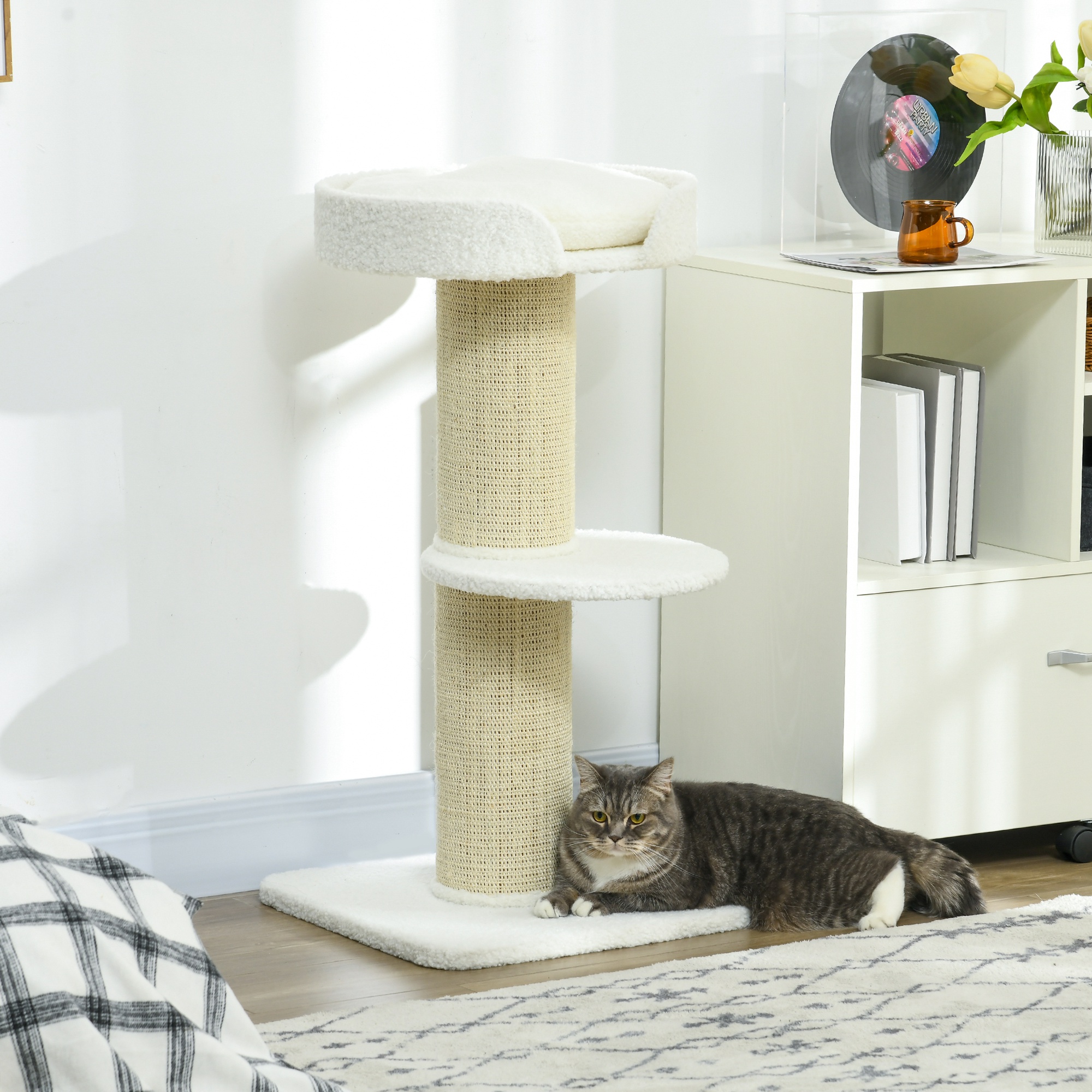 Cat Tree Kitty Tower with Sisal Mat Scratching Post, Cat Bed, Cushion, Perch, 18" x 18" x 36", Cream White