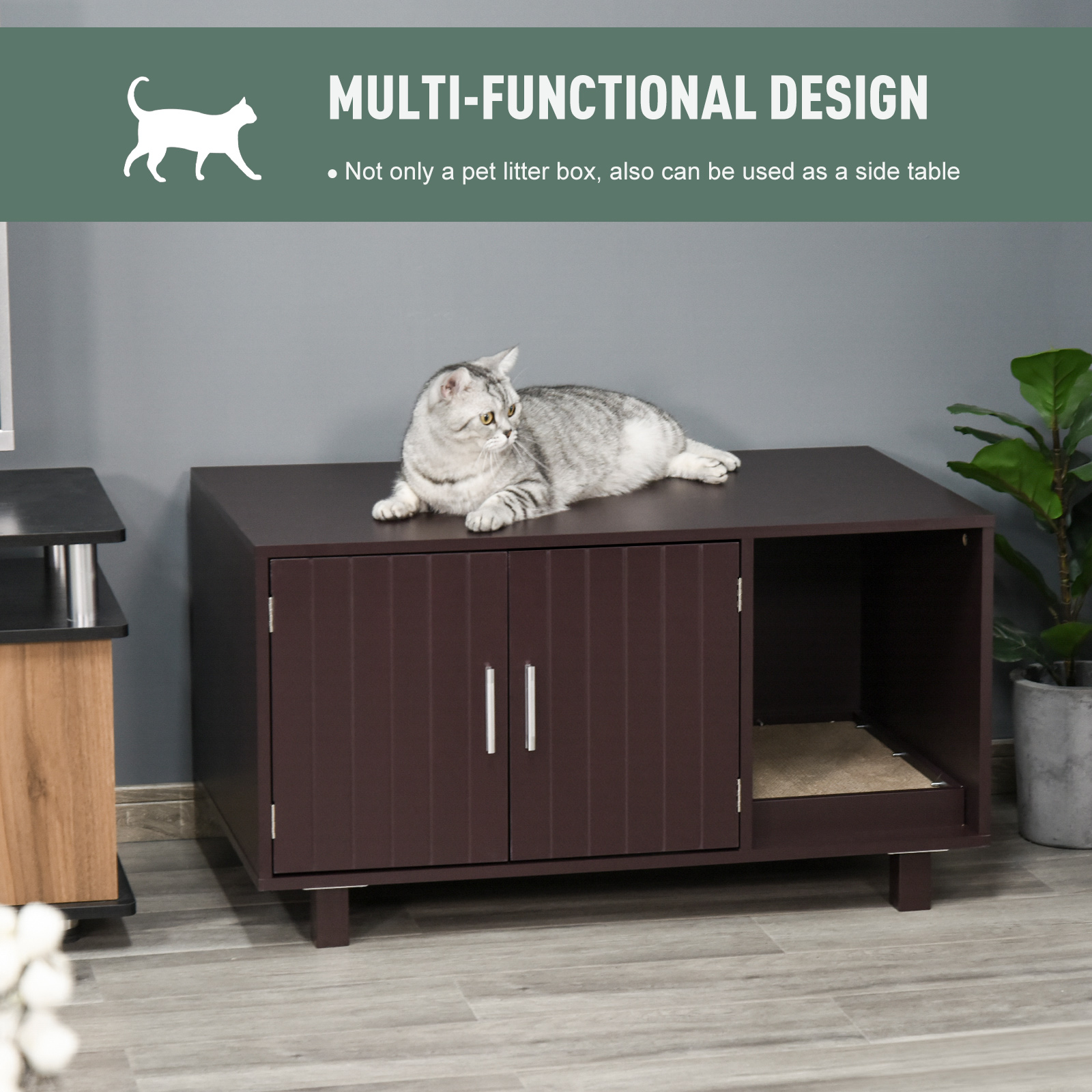 Cat Litter Box Enclosure, Hidden Litter Box Furniture, Cat House End Table Washroom with Scratching Pad, for Indoor Cats Kittens, 36" x 20.5" x 20", Brown