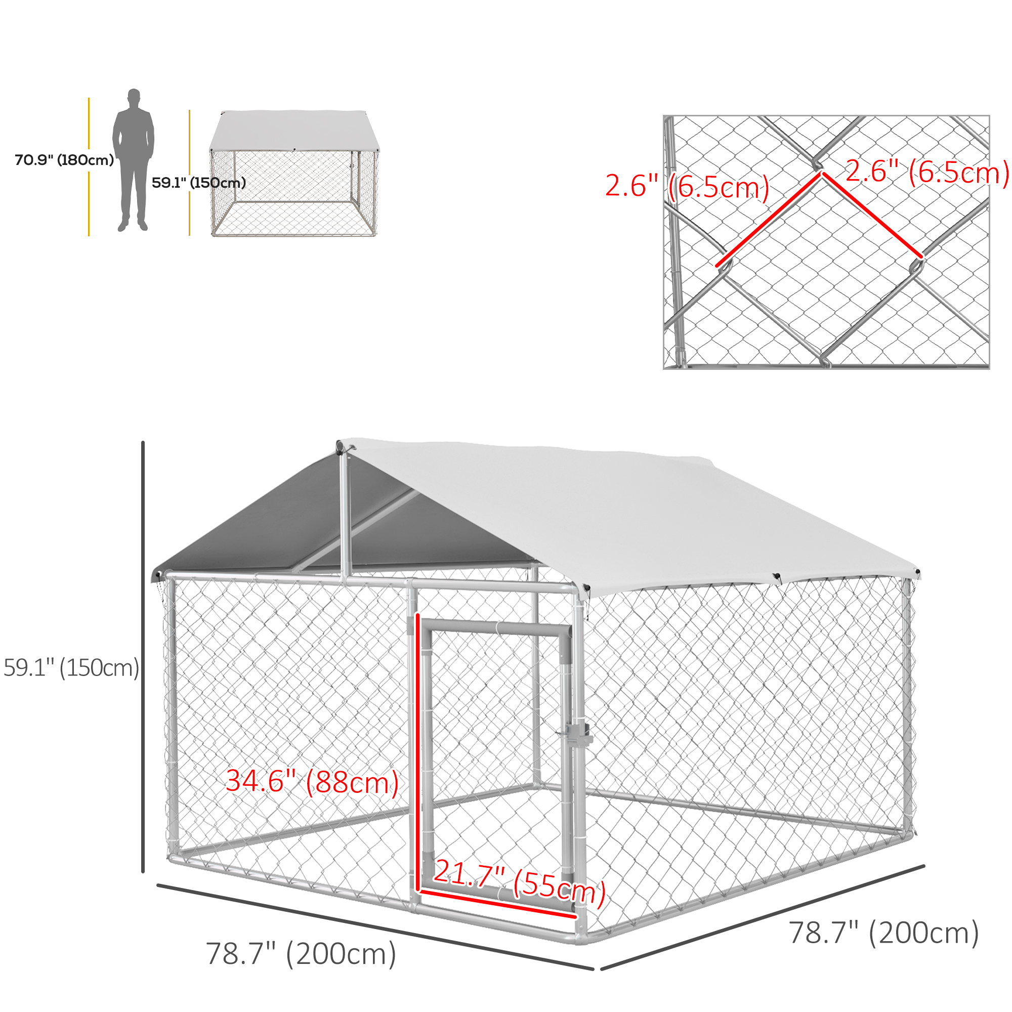 6.6' x 6.6' x 4.9' Outdoor Dog Kennel Heavy Duty Galvanized Steel Chain Link with UV-resistant Roof, Silver