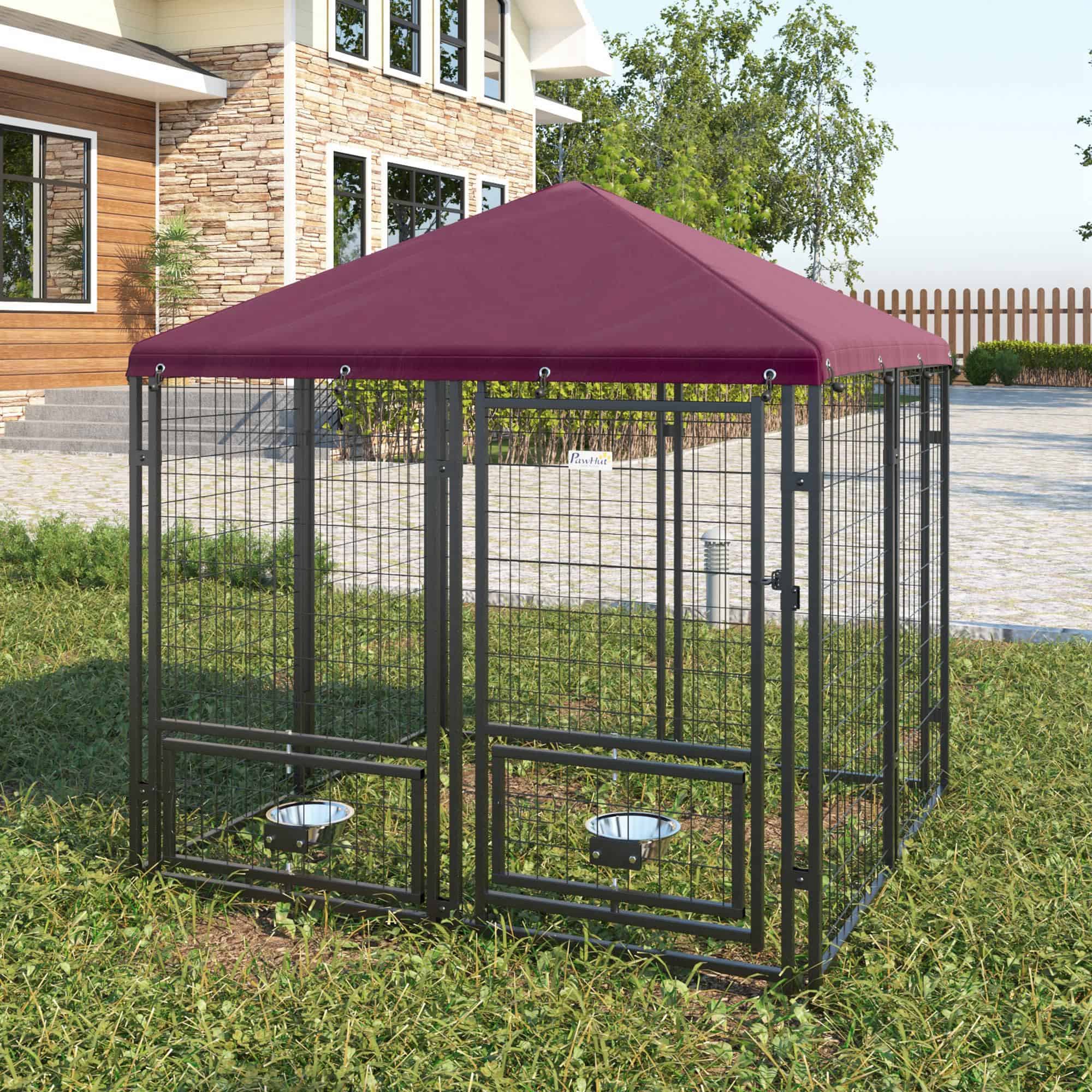 Outdoor Dog Kennel, Lockable Pet Playpen Crate, Welded Wire Steel Fence, Rotating Bowl Holders, Red