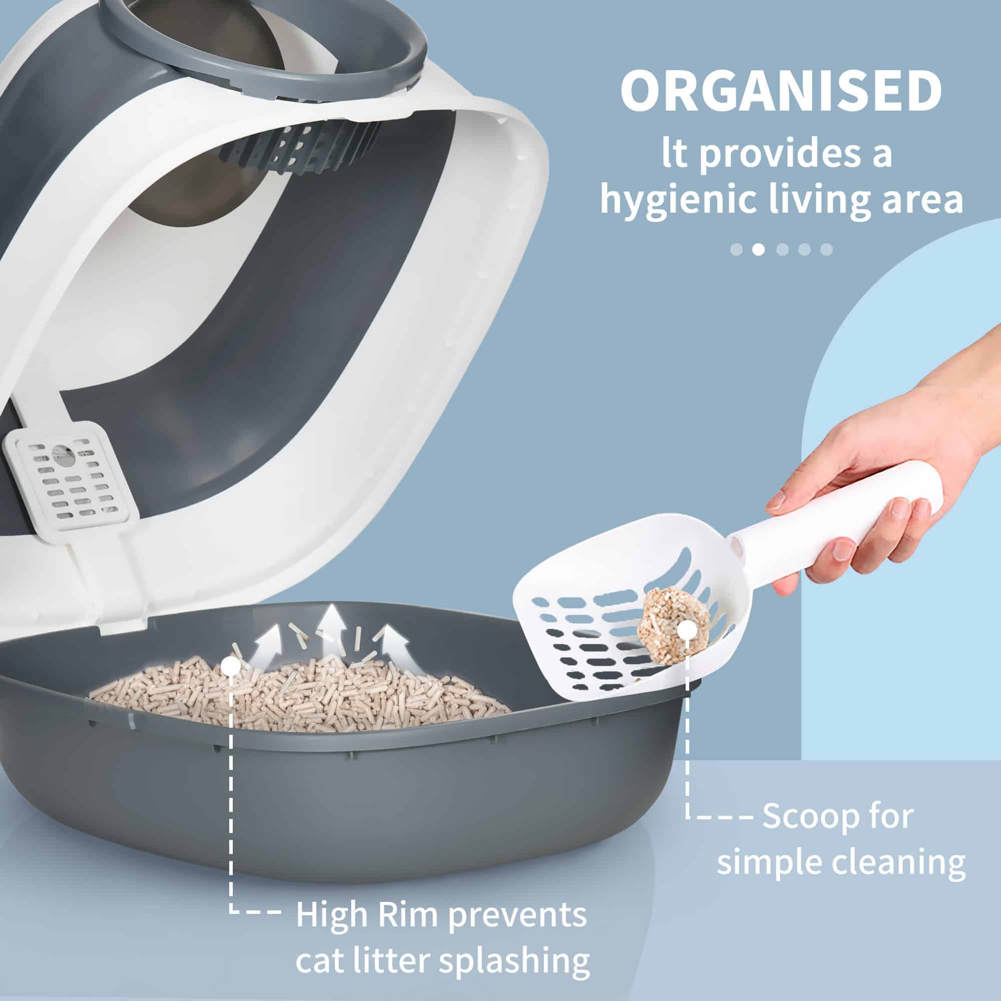 Foldable Large Cat Litter Box with Lid, Covered Kitten Litter Box w/ Automatic Cat Litter-Proof Sides, Deodorization, Easy to Clean, White and Grey