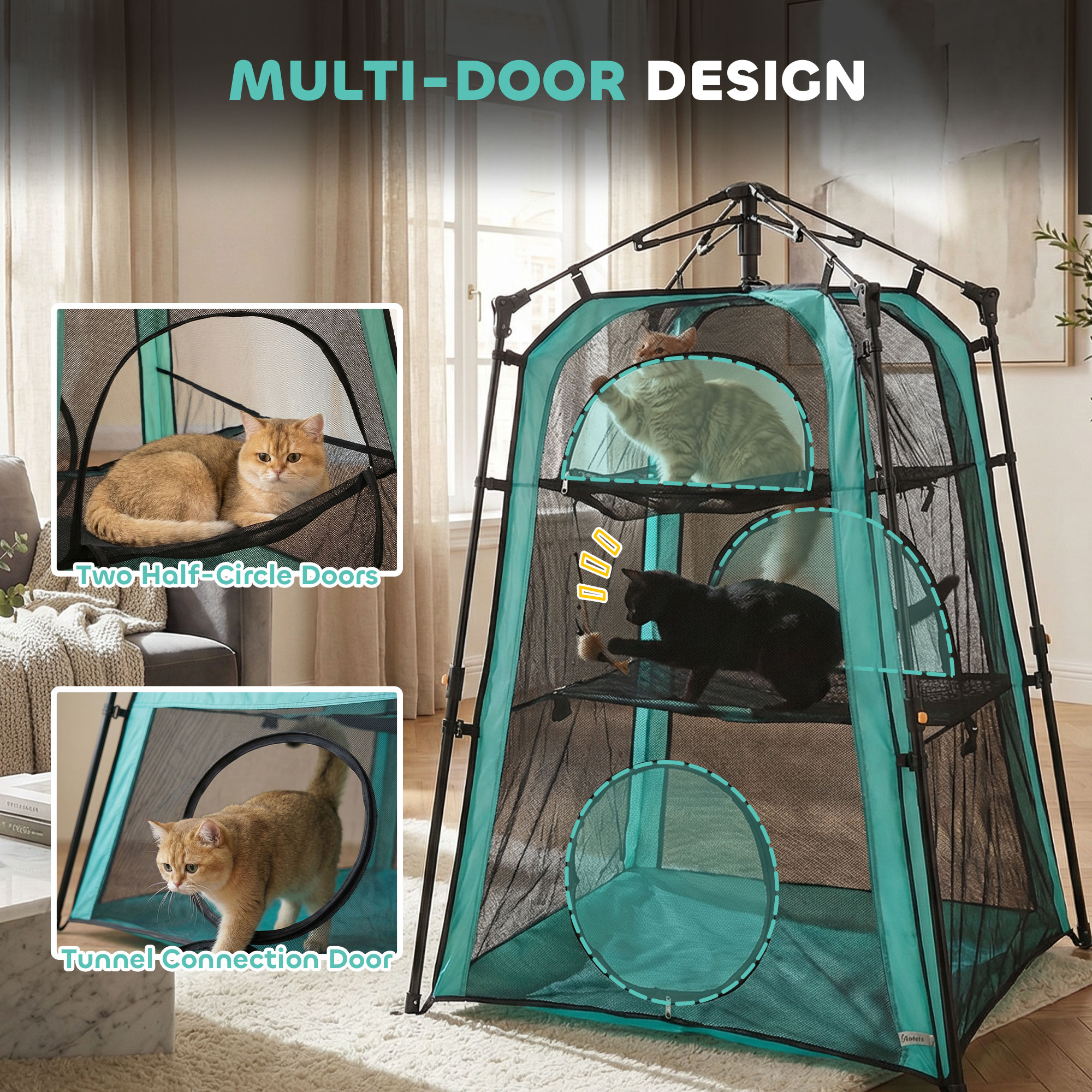 Cat Tent, 3-Tier Portable Pet Tent for Indoor Outdoor, Cat House with Multi-Door, Carry Bag, Breathable Mesh