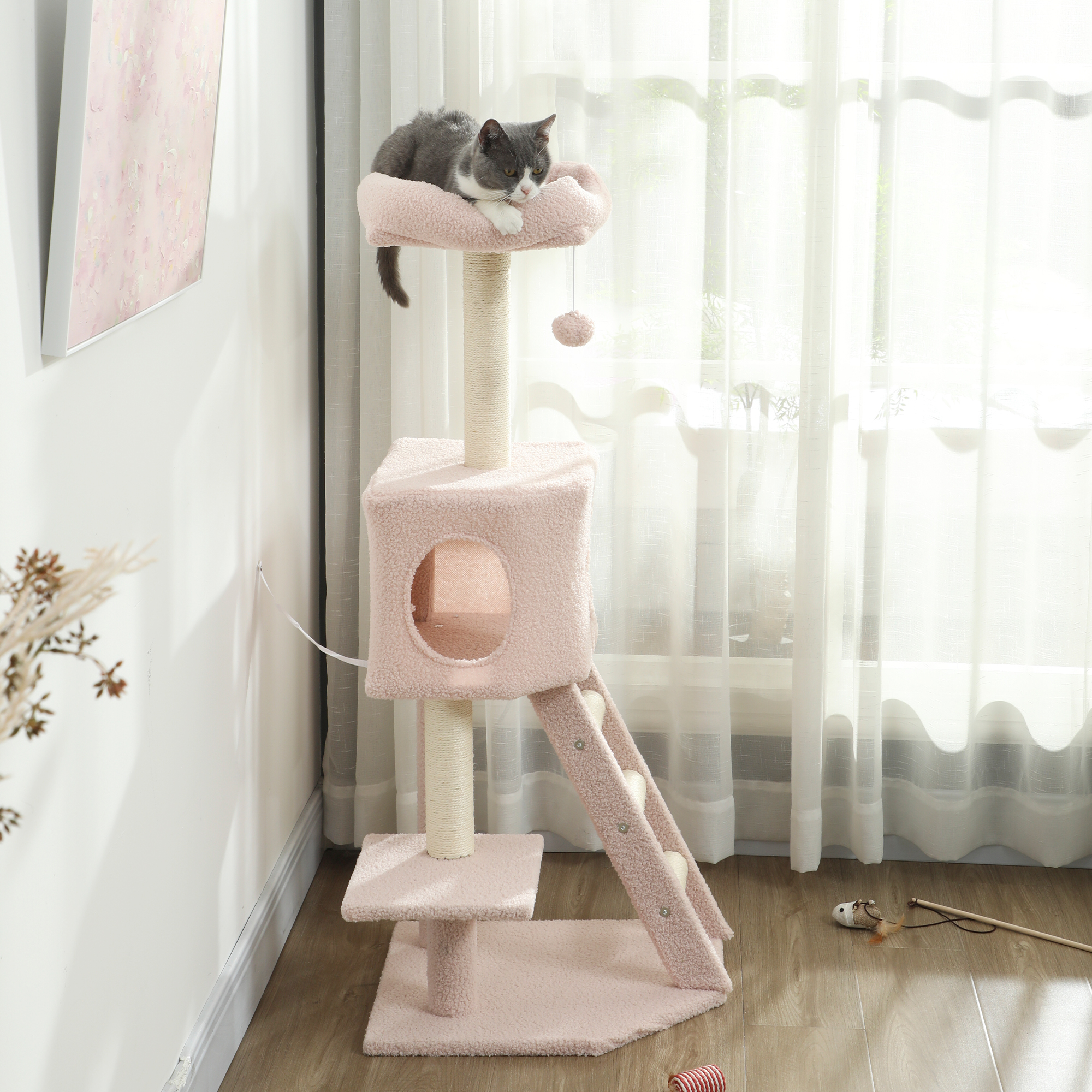47" Tall Cat Tree Tower with Condo, Ladder, Scratching Posts and Hanging Ball, Pink