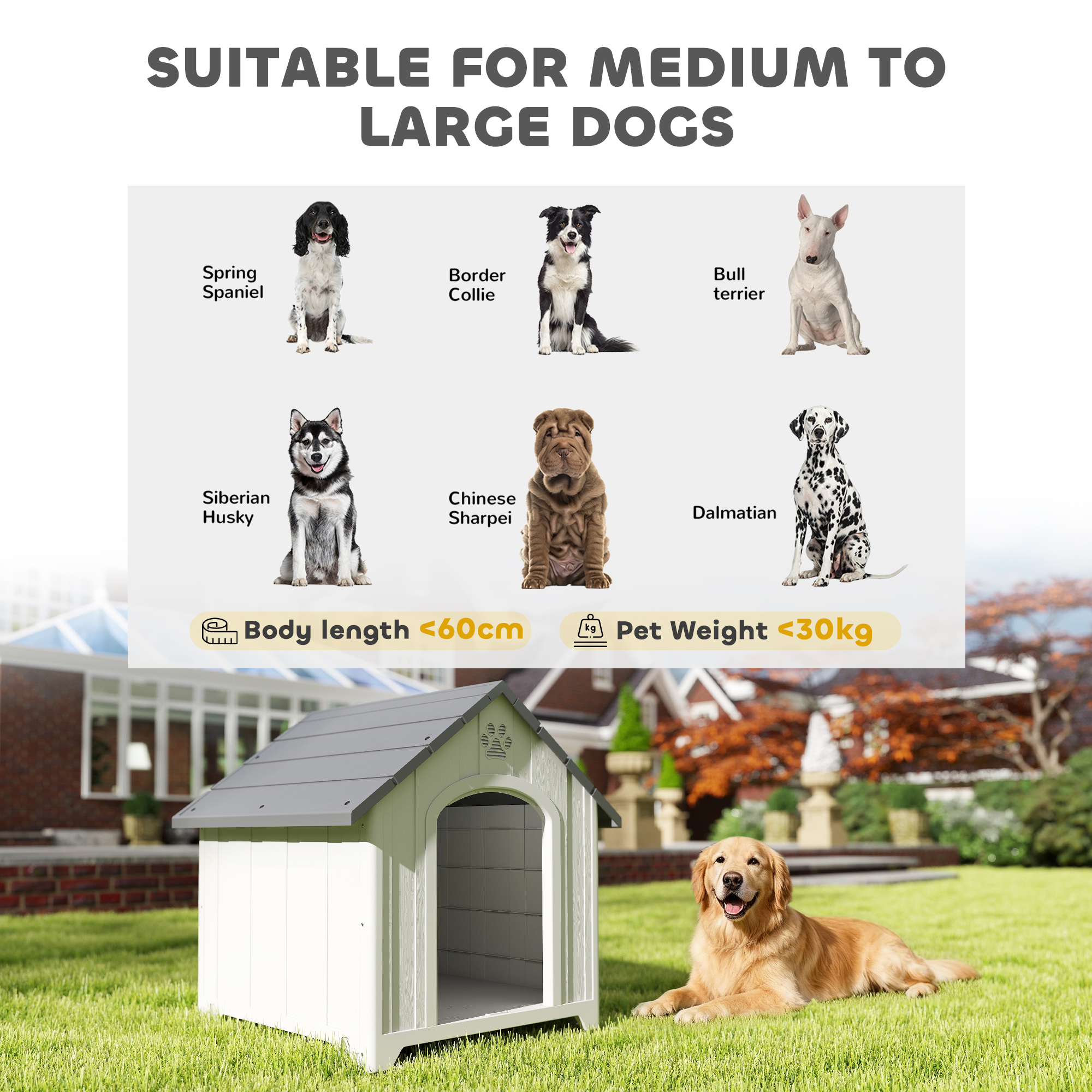 Large Plastic Dog House Outdoor Indoor, Water Resistant Puppy Shelter with Base Support, 34.6" L x 31.1" W x 35" H
