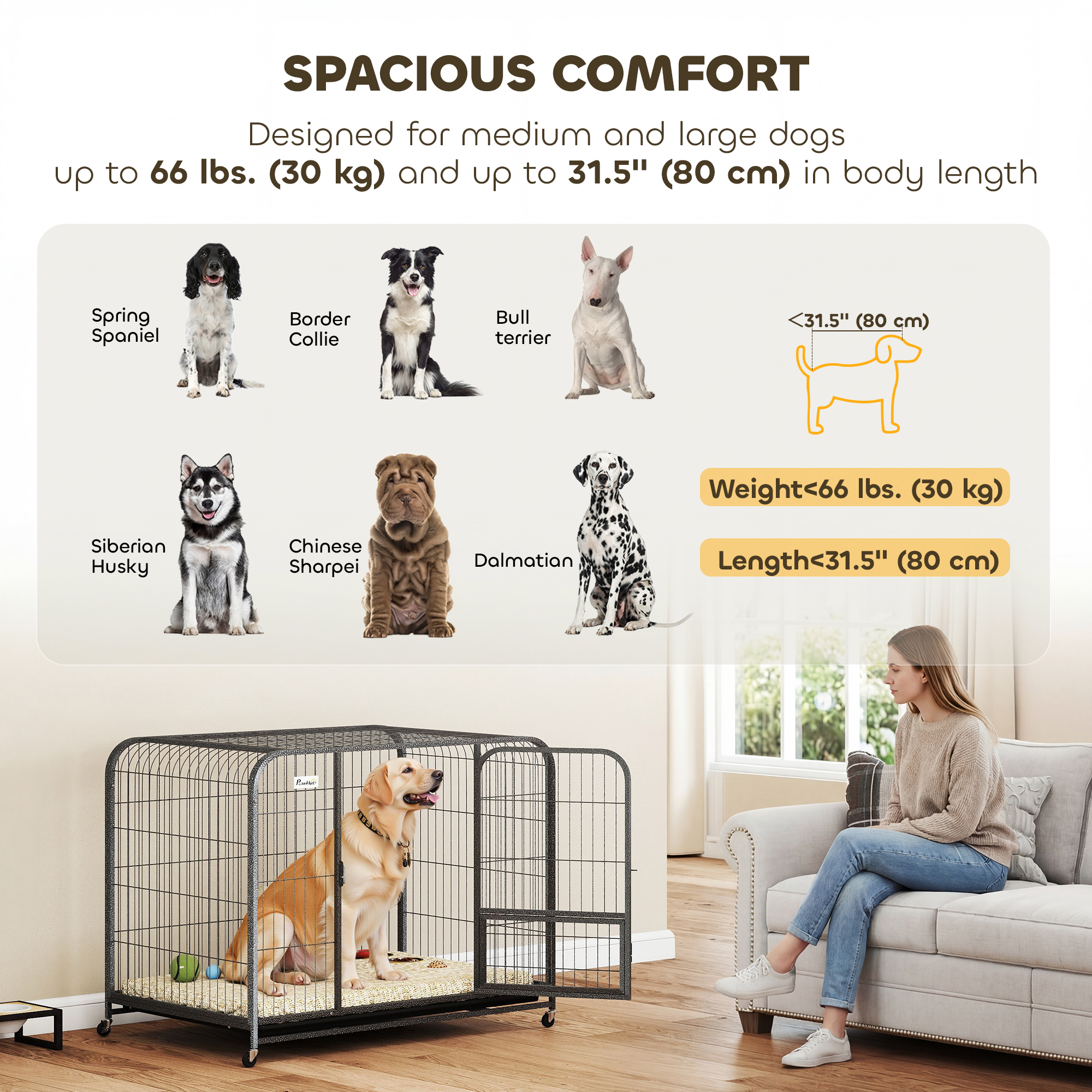 43 Inch Heavy Duty Dog Crate, Extra Large Metal Dog Cage with Lockable Wheels and Removable Tray