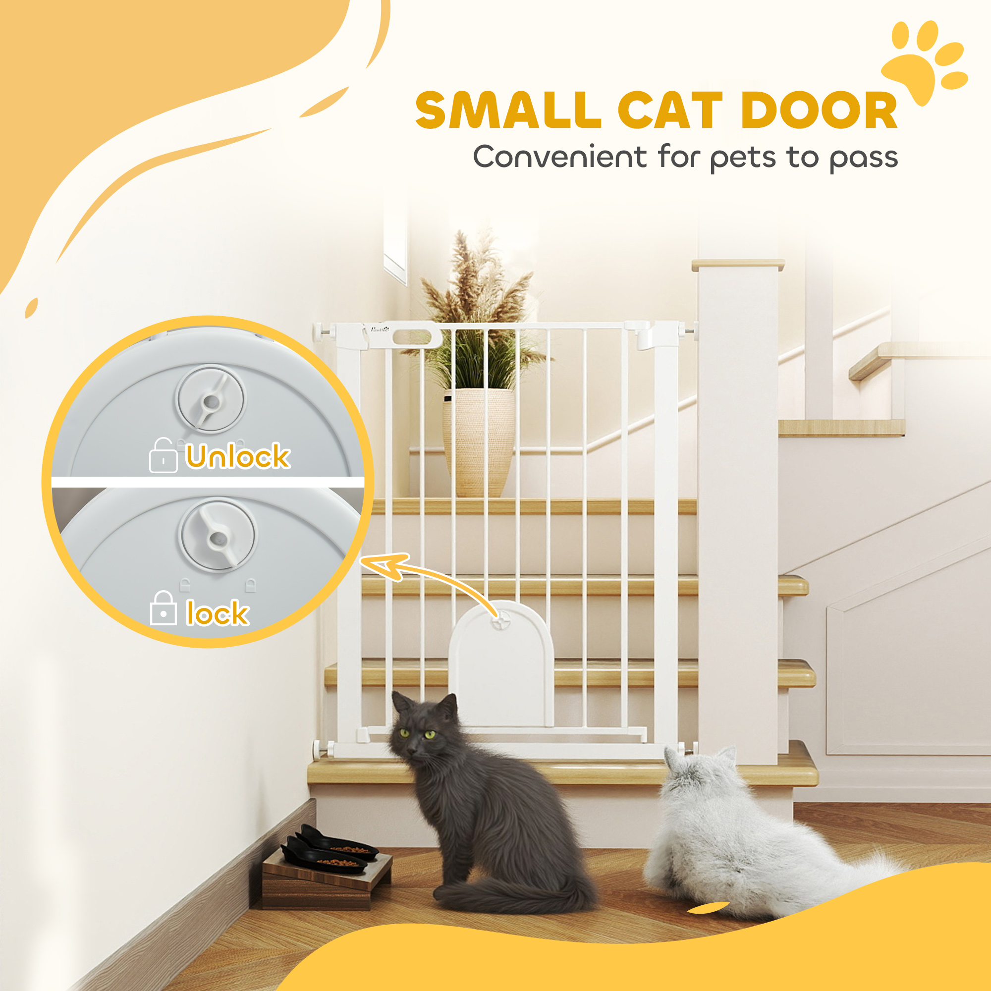 30"-32" Extra Wide Pet Gate Barrier with Small Door, 35"H Dog Gate with Safety Gate Barrier, Stair Pressure Fit, White