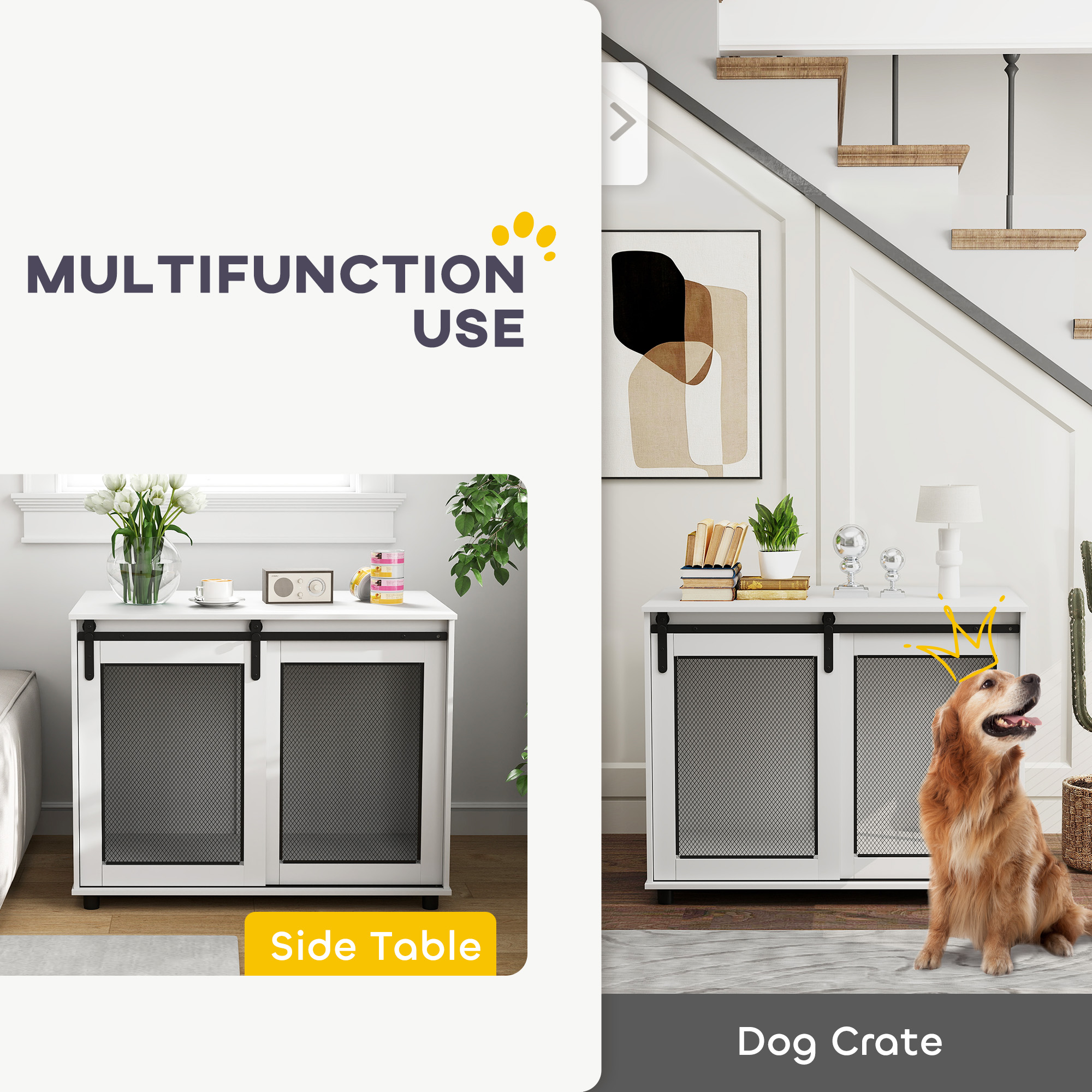 39" Dog Crate Furniture with Sliding Barn Door, Furniture Style Dog Cage End Table for Large Dogs, White