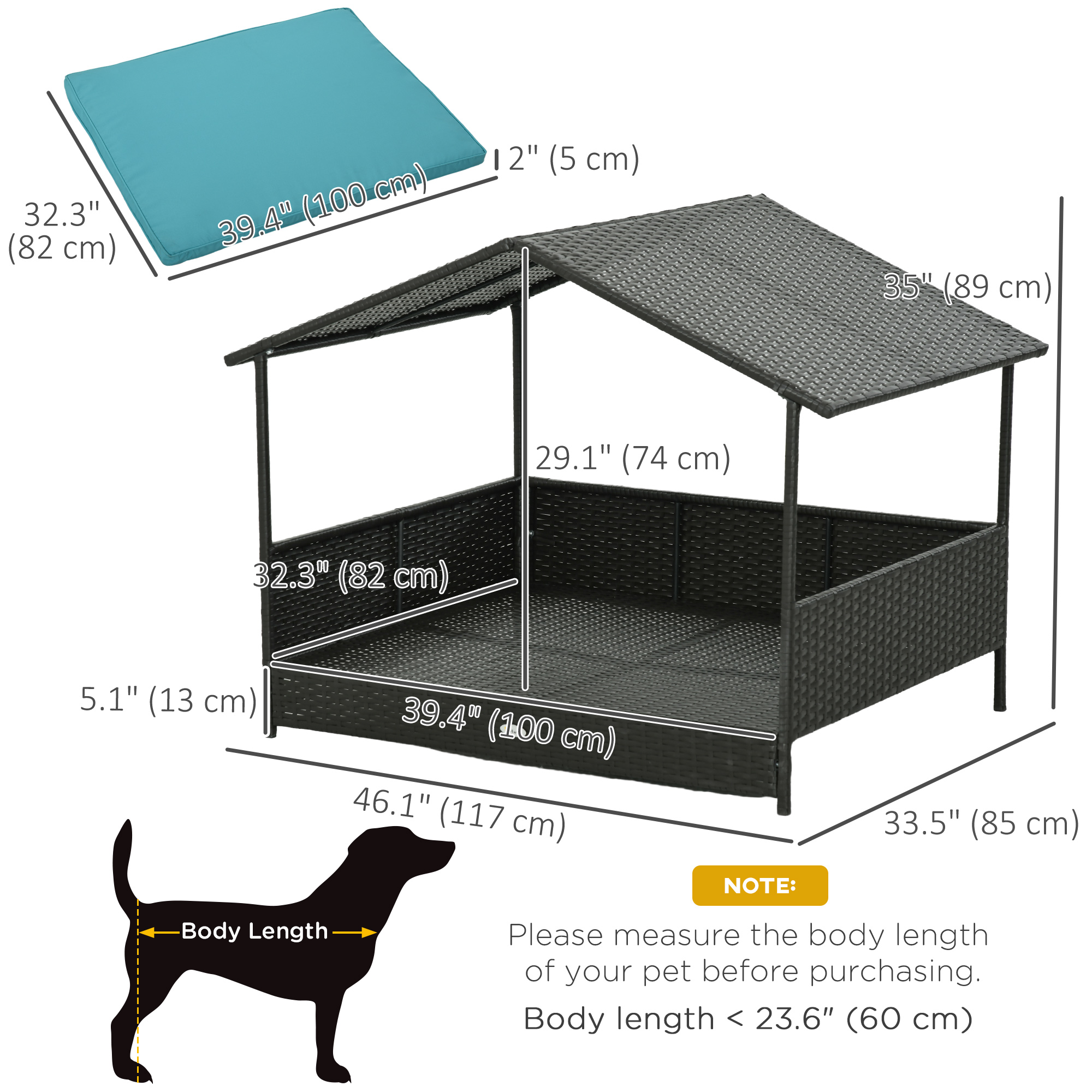 Rattan Dog House with Canopy, Wicker Dog Bed with Water-Resistant Cushion, for Small and Medium Breeds Blue