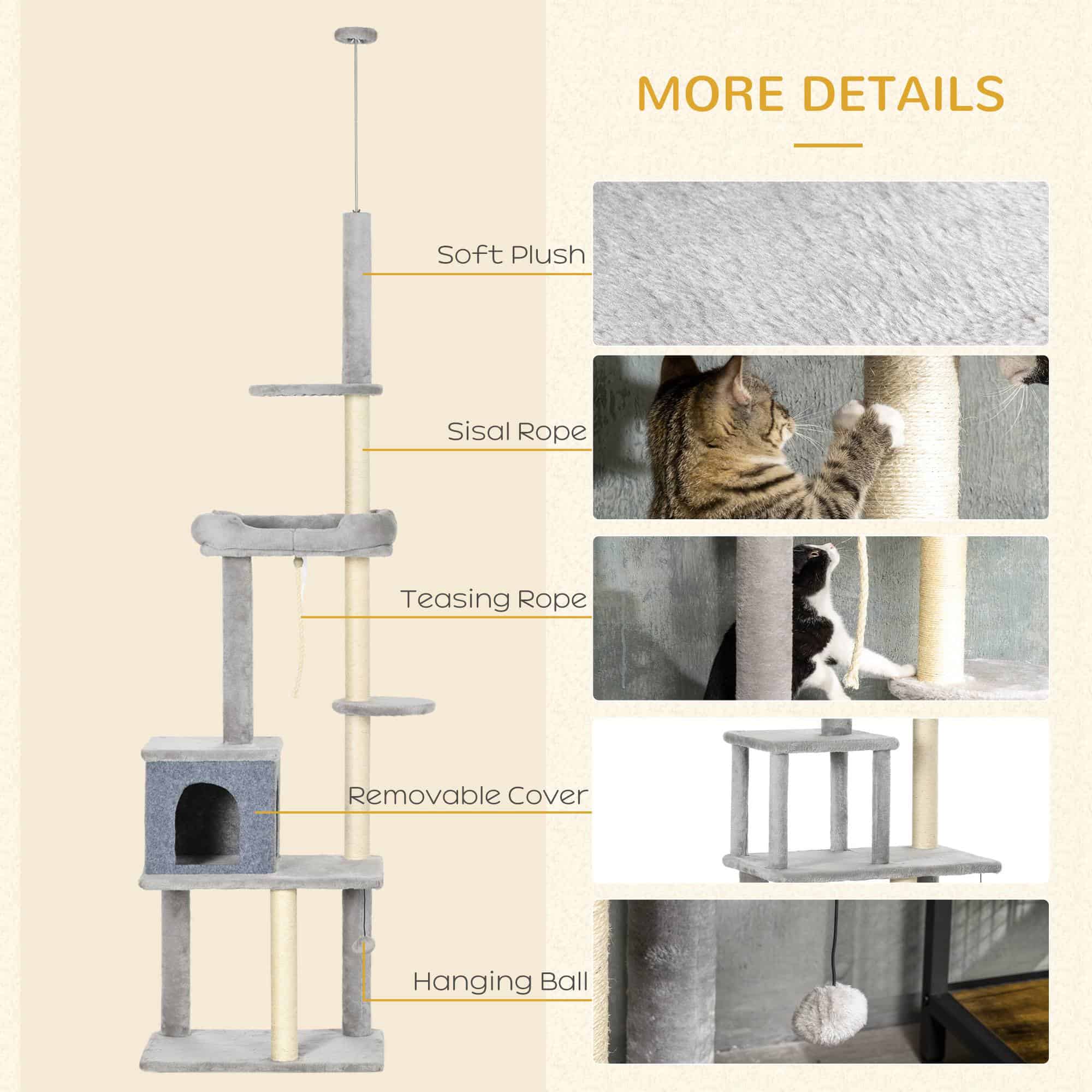 Cat Tree Floor to Ceiling Cat Tower Height Adjustable(85-101 Inches), Tall Large Cat Climbing Activity Center with Scratching Posts Cat Condo Cozy Bed, Grey